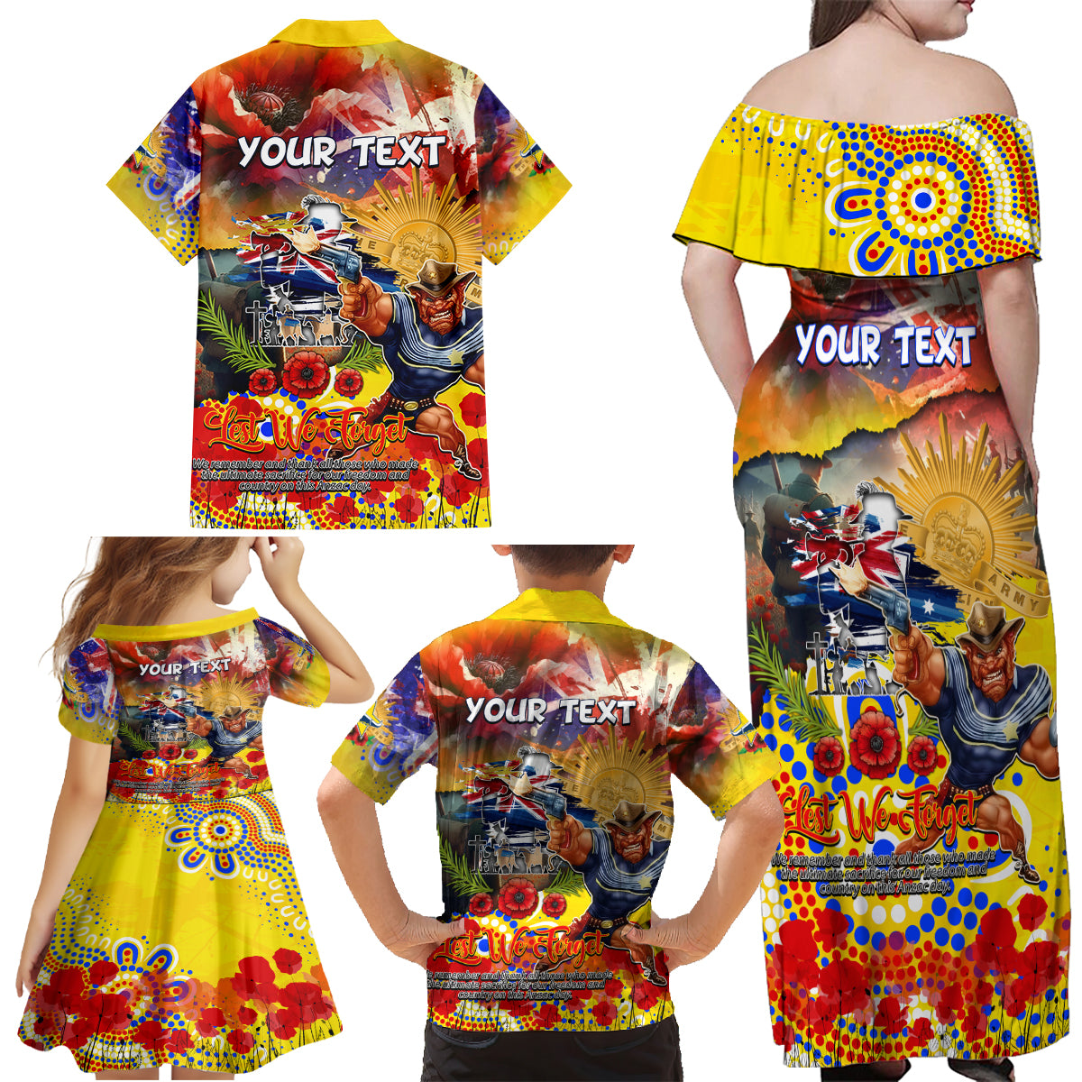 Personalised Australia Rugby Cowboys ANZAC Family Matching Off Shoulder Maxi Dress and Hawaiian Shirt North Queensland Scratch Style