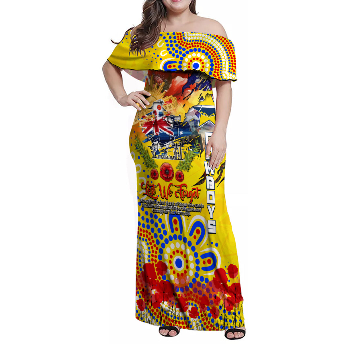 Personalised Australia Rugby Cowboys ANZAC Family Matching Off Shoulder Maxi Dress and Hawaiian Shirt North Queensland Scratch Style