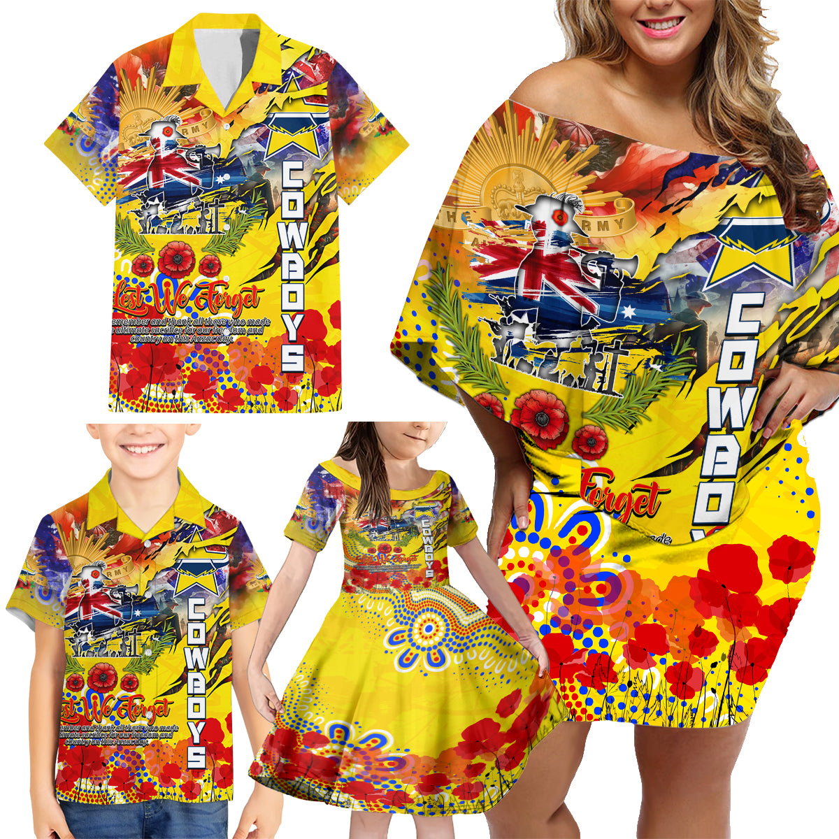 Personalised Australia Rugby Cowboys ANZAC Family Matching Off Shoulder Short Dress and Hawaiian Shirt North Queensland Scratch Style
