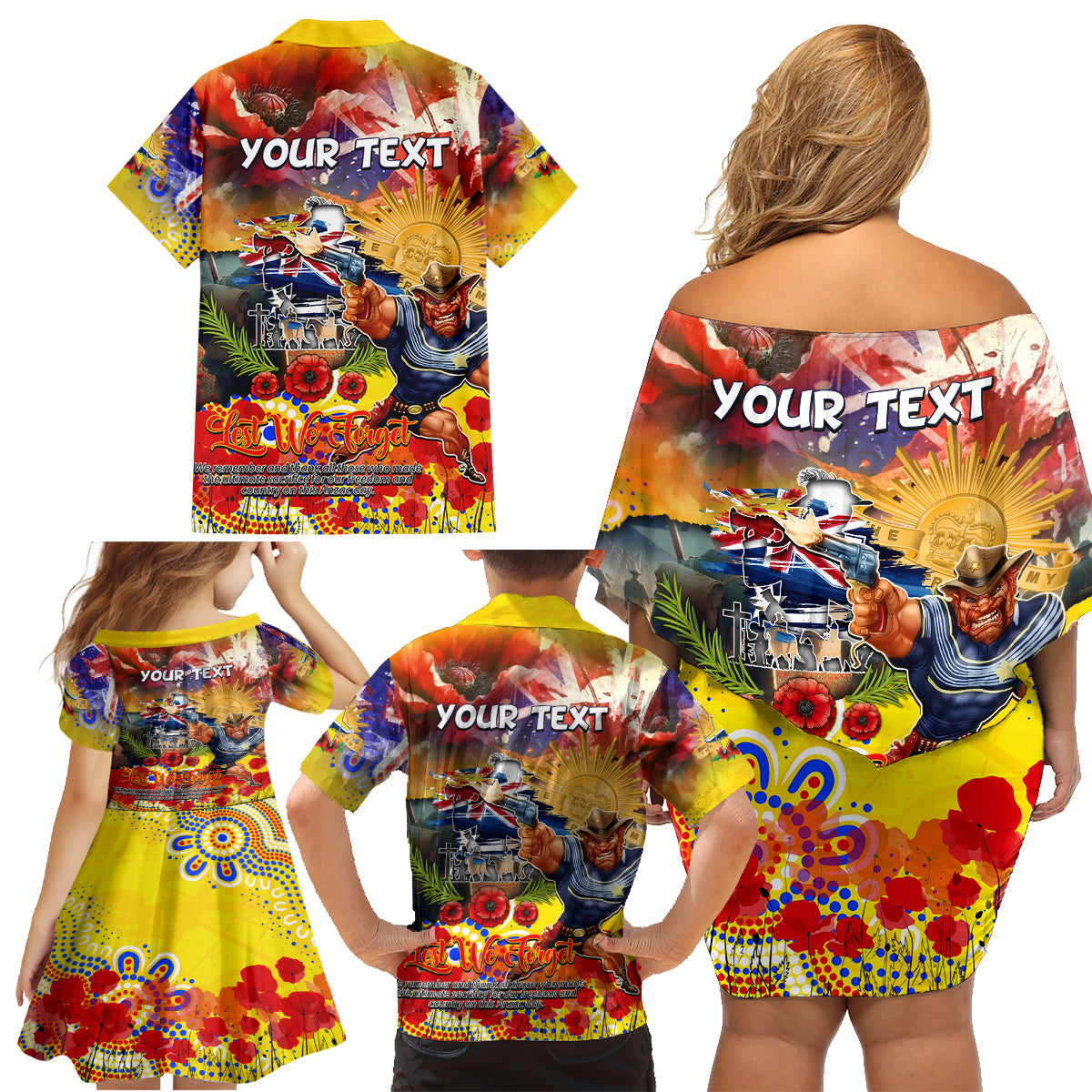 Personalised Australia Rugby Cowboys ANZAC Family Matching Off Shoulder Short Dress and Hawaiian Shirt North Queensland Scratch Style