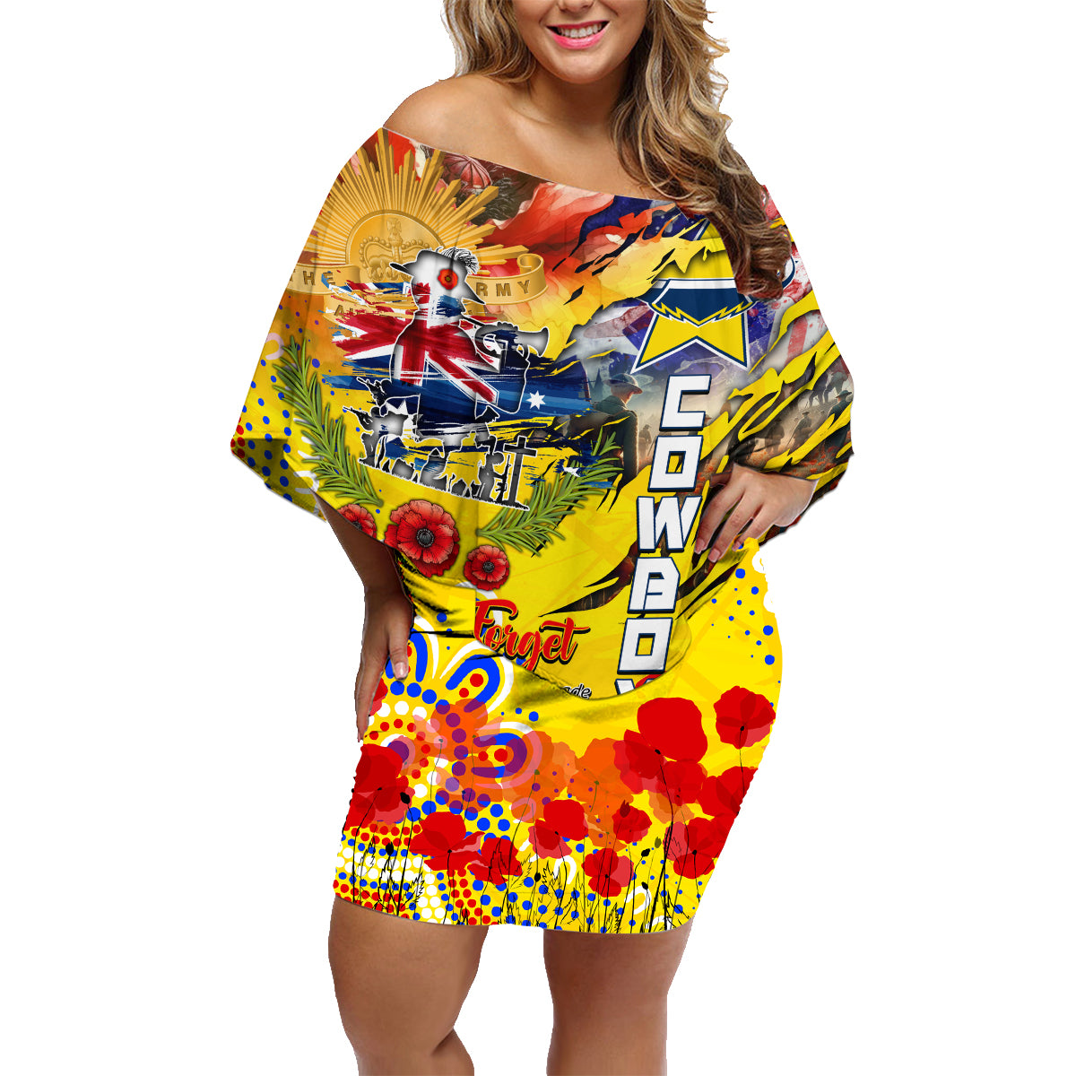 Personalised Australia Rugby Cowboys ANZAC Family Matching Off Shoulder Short Dress and Hawaiian Shirt North Queensland Scratch Style