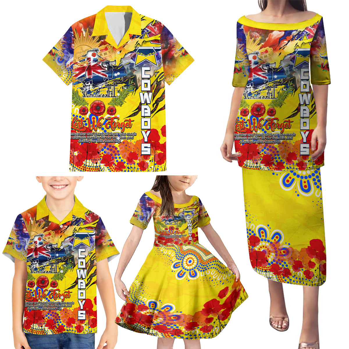 Personalised Australia Rugby Cowboys ANZAC Family Matching Puletasi and Hawaiian Shirt North Queensland Scratch Style