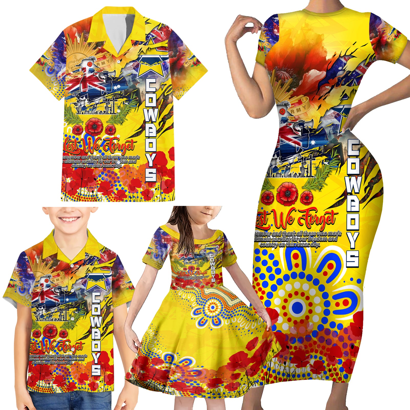 Personalised Australia Rugby Cowboys ANZAC Family Matching Short Sleeve Bodycon Dress and Hawaiian Shirt North Queensland Scratch Style