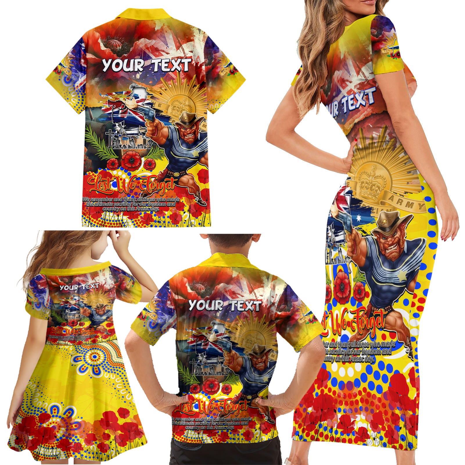 Personalised Australia Rugby Cowboys ANZAC Family Matching Short Sleeve Bodycon Dress and Hawaiian Shirt North Queensland Scratch Style
