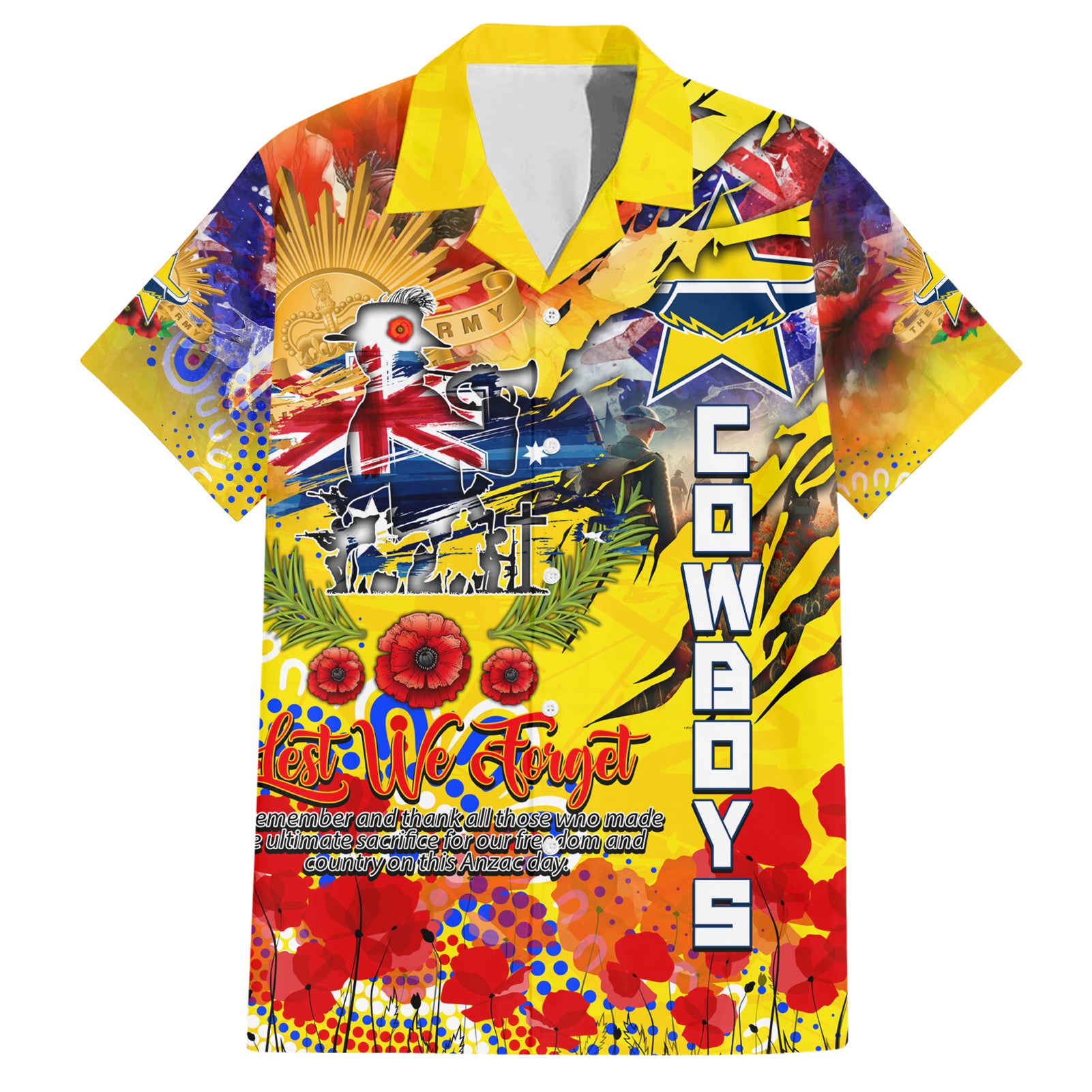 Personalised Australia Rugby Cowboys ANZAC Family Matching Short Sleeve Bodycon Dress and Hawaiian Shirt North Queensland Scratch Style