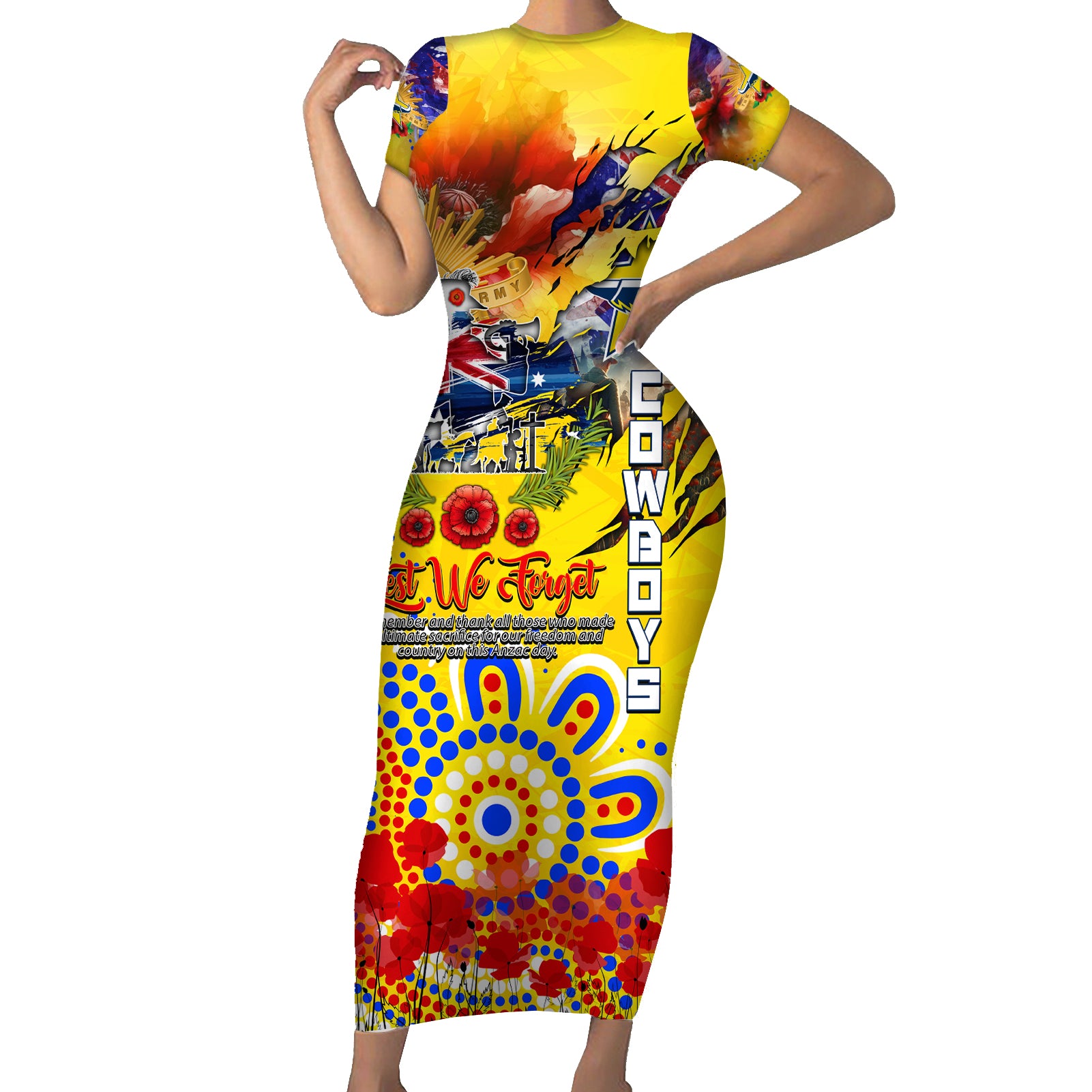 Personalised Australia Rugby Cowboys ANZAC Family Matching Short Sleeve Bodycon Dress and Hawaiian Shirt North Queensland Scratch Style