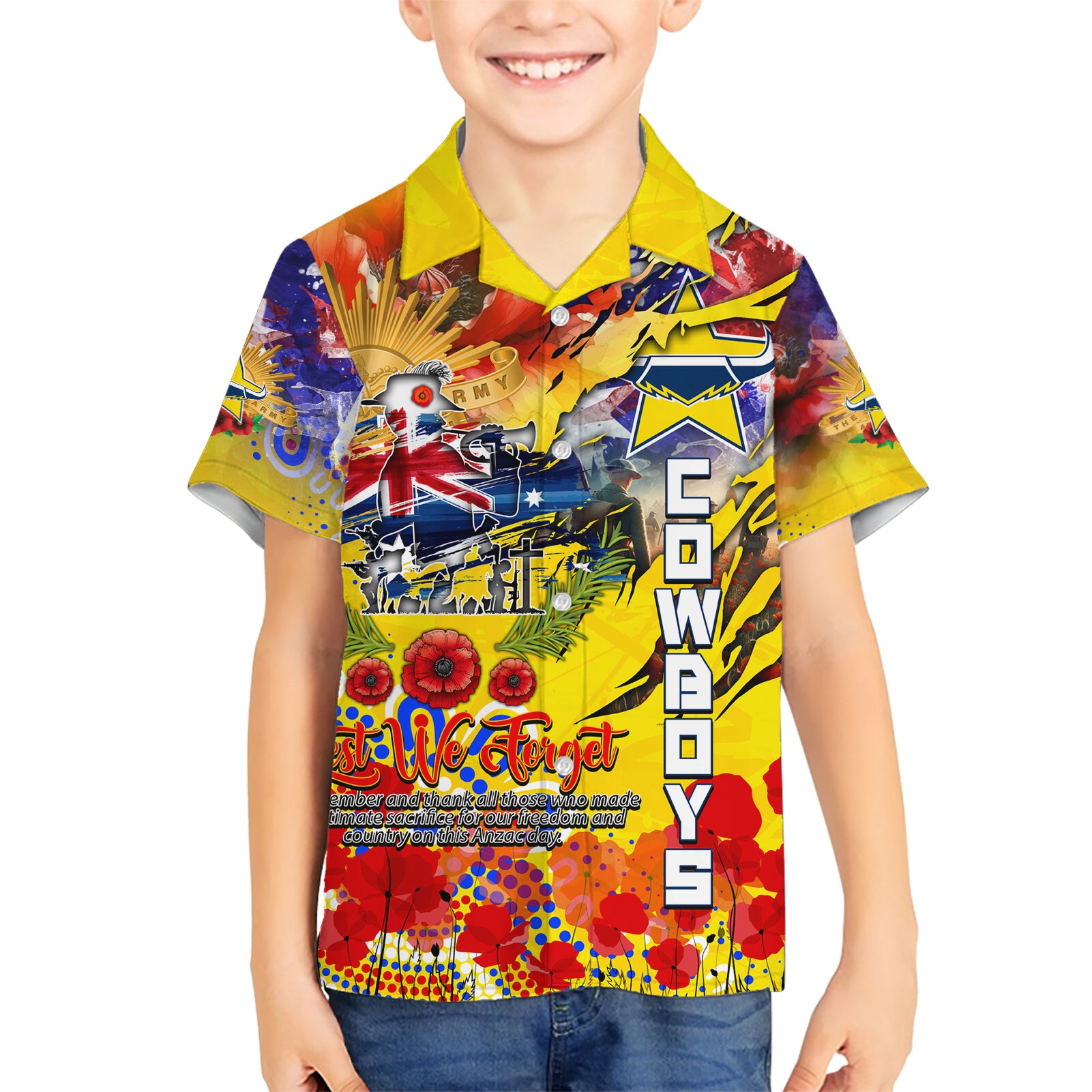 Personalised Australia Rugby Cowboys ANZAC Family Matching Short Sleeve Bodycon Dress and Hawaiian Shirt North Queensland Scratch Style