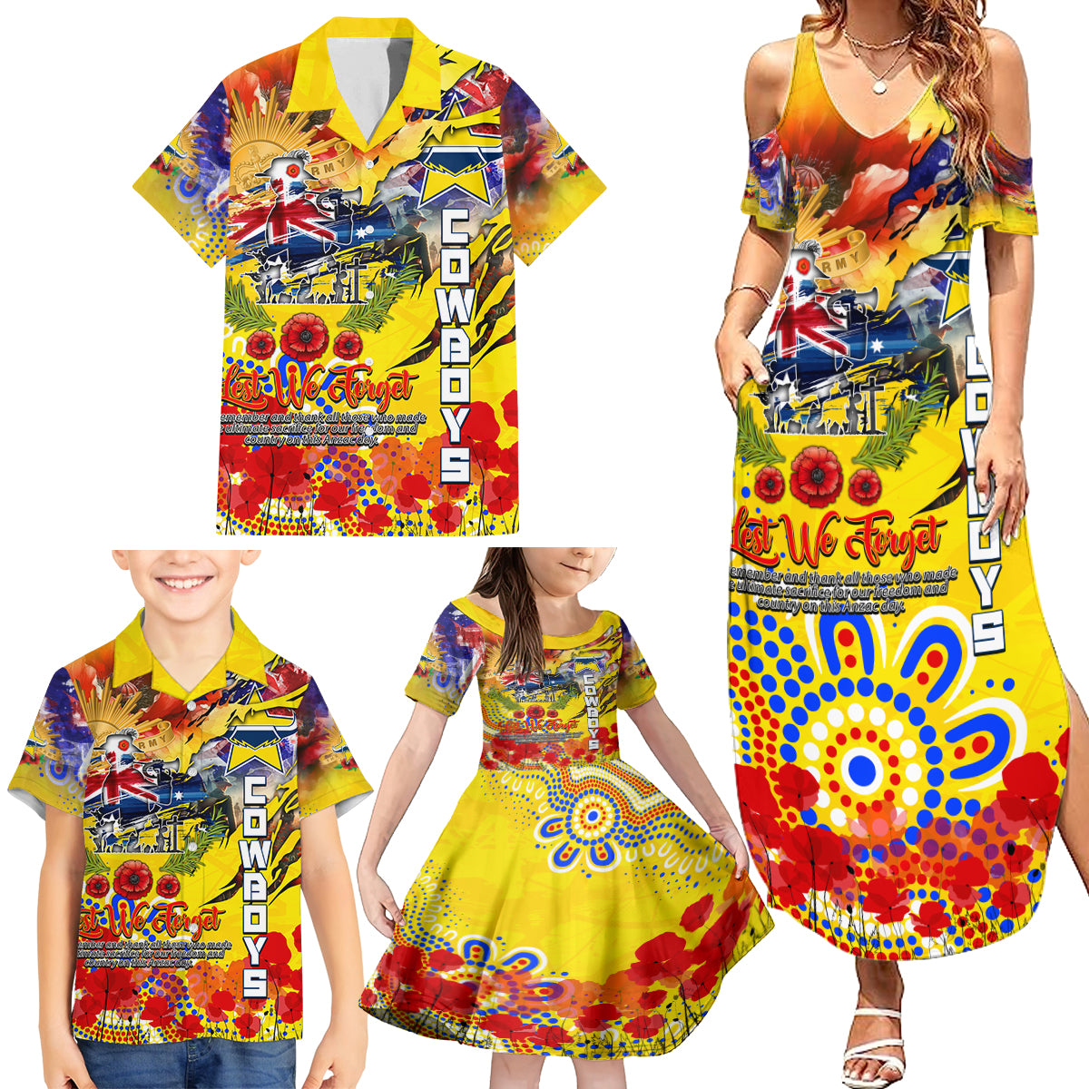 Personalised Australia Rugby Cowboys ANZAC Family Matching Summer Maxi Dress and Hawaiian Shirt North Queensland Scratch Style