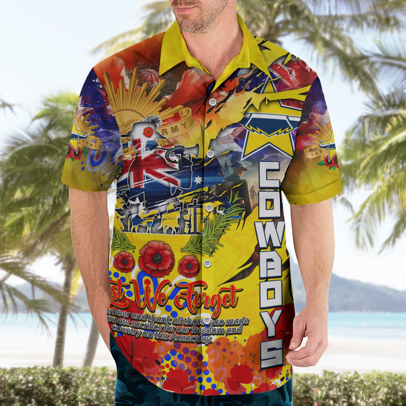 Personalised Australia Rugby Cowboys ANZAC Hawaiian Shirt North Queensland Scratch Style - Vibe Hoodie Shop