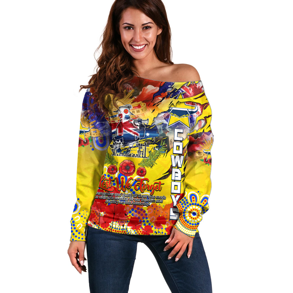 Personalised Australia Rugby Cowboys ANZAC Off Shoulder Sweater North Queensland Scratch Style - Vibe Hoodie Shop