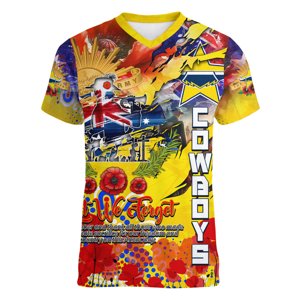 Personalised Australia Rugby Cowboys ANZAC Women V Neck T Shirt North Queensland Scratch Style - Vibe Hoodie Shop
