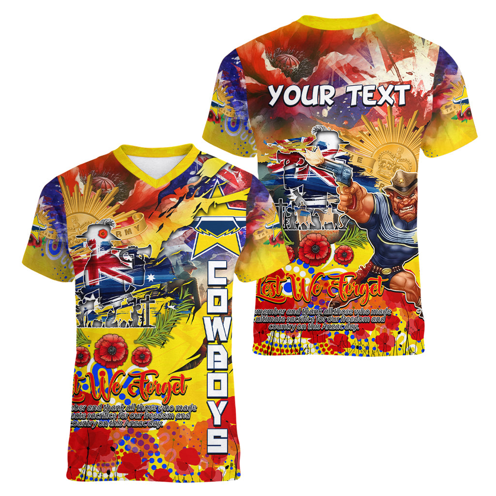 Personalised Australia Rugby Cowboys ANZAC Women V Neck T Shirt North Queensland Scratch Style - Vibe Hoodie Shop
