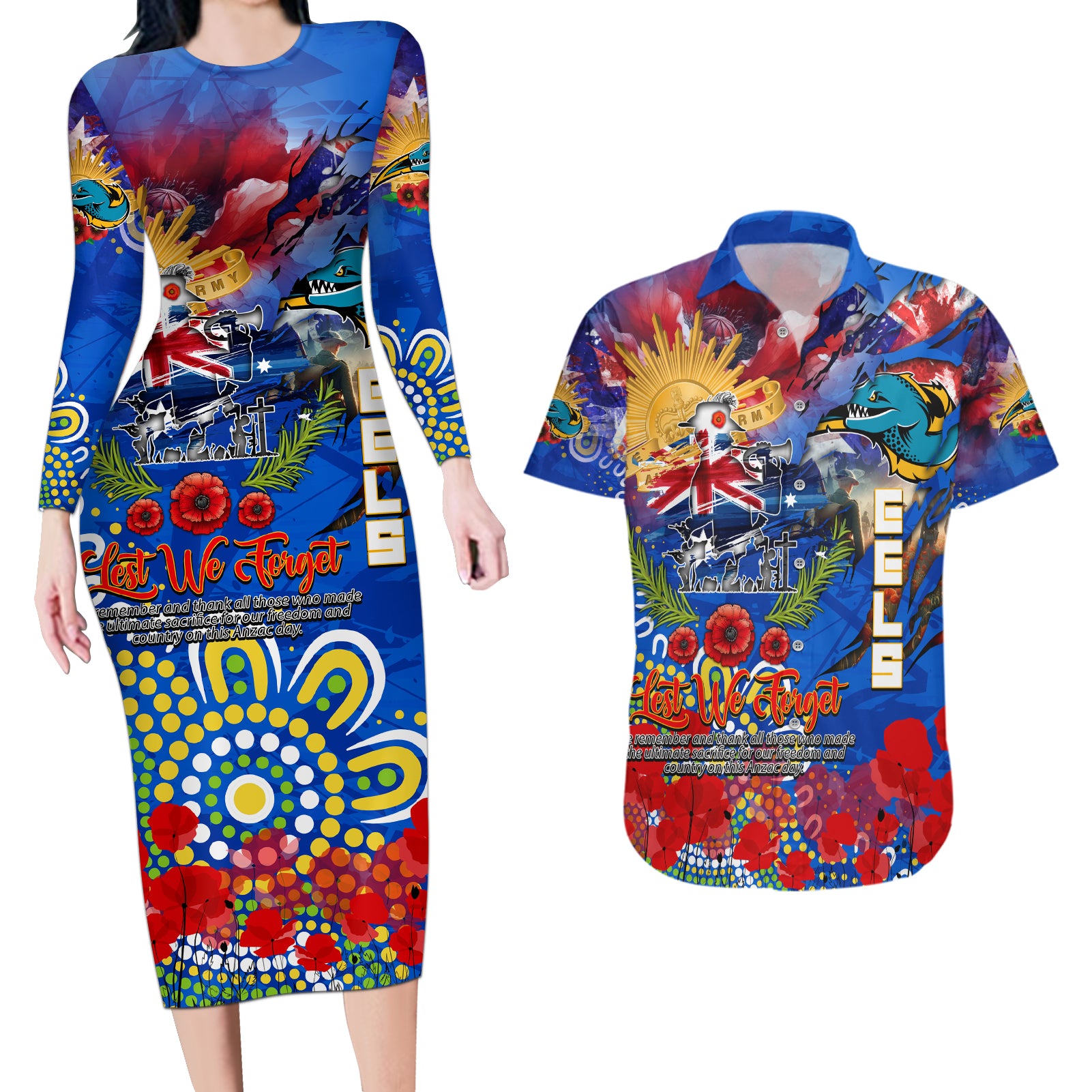 Personalised Australia Rugby Eels ANZAC Couples Matching Long Sleeve Bodycon Dress and Hawaiian Shirt Parramatta Scratch Style
