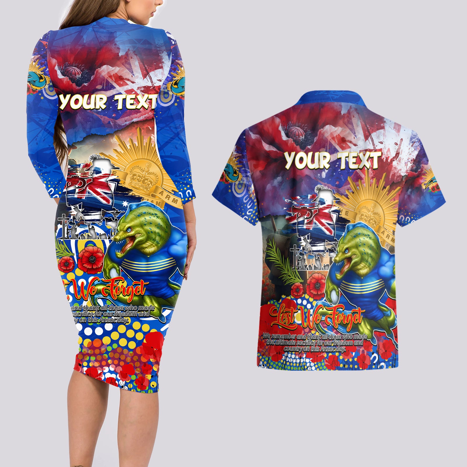 Personalised Australia Rugby Eels ANZAC Couples Matching Long Sleeve Bodycon Dress and Hawaiian Shirt Parramatta Scratch Style