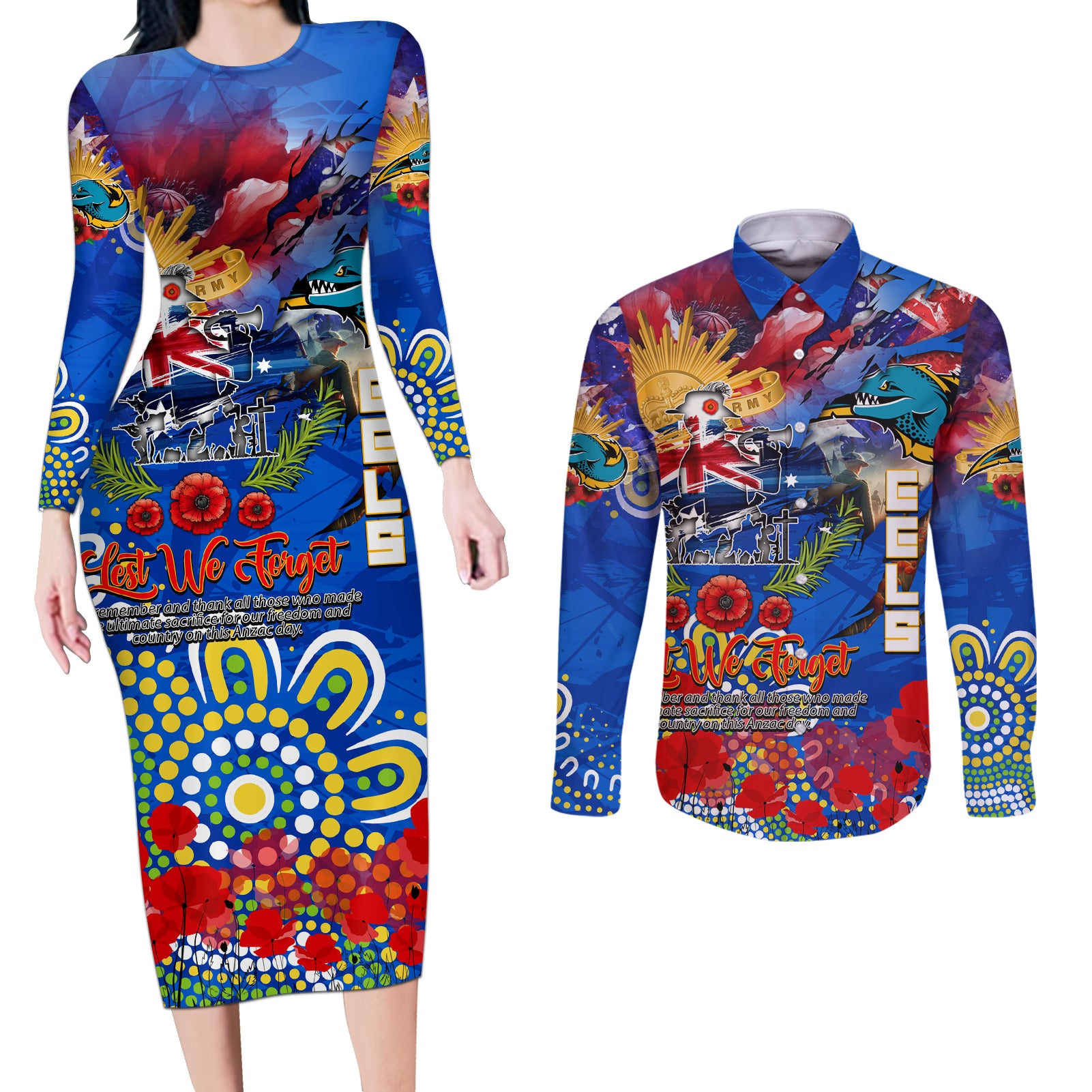 Personalised Australia Rugby Eels ANZAC Couples Matching Long Sleeve Bodycon Dress and Long Sleeve Button Shirt Parramatta Scratch Style