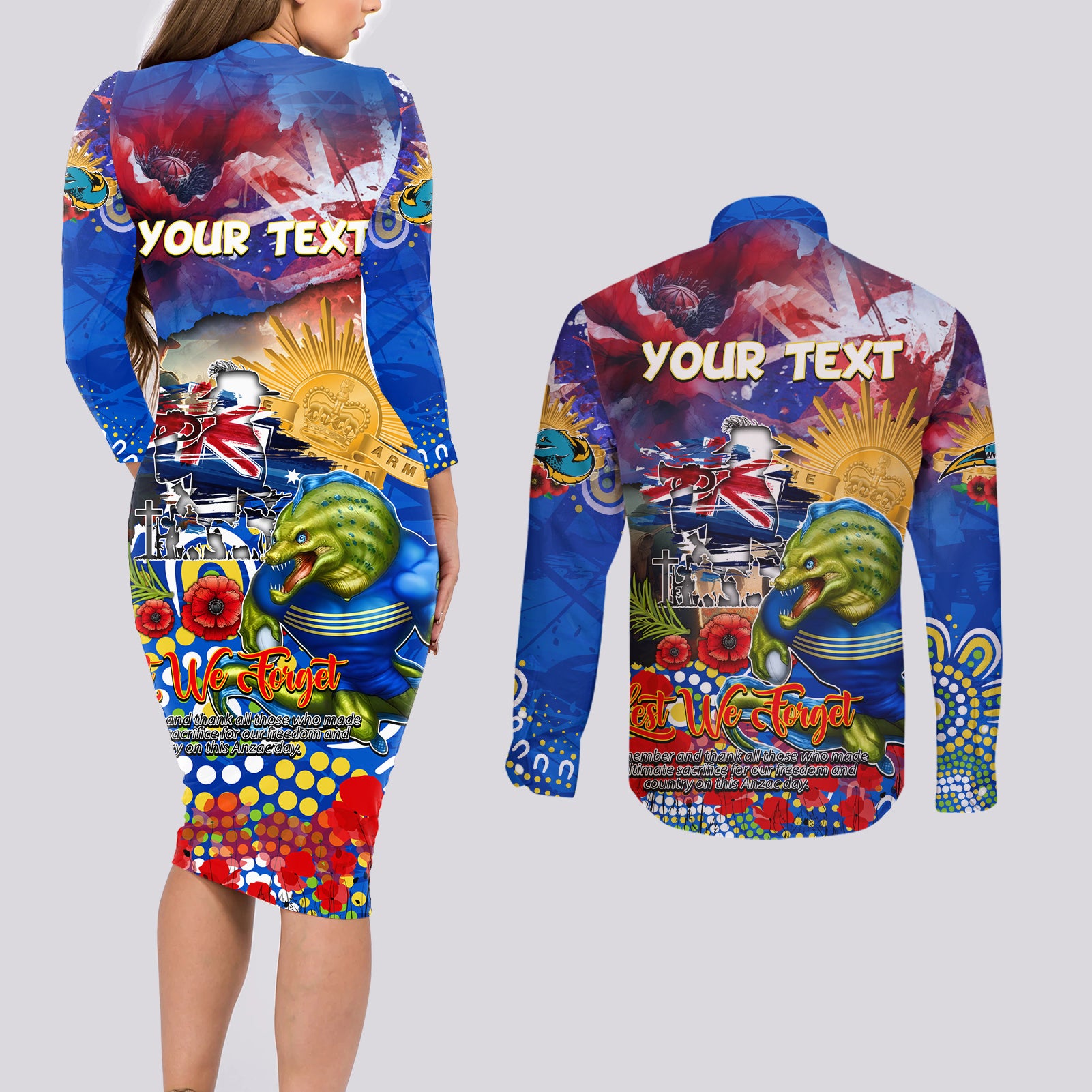 Personalised Australia Rugby Eels ANZAC Couples Matching Long Sleeve Bodycon Dress and Long Sleeve Button Shirt Parramatta Scratch Style