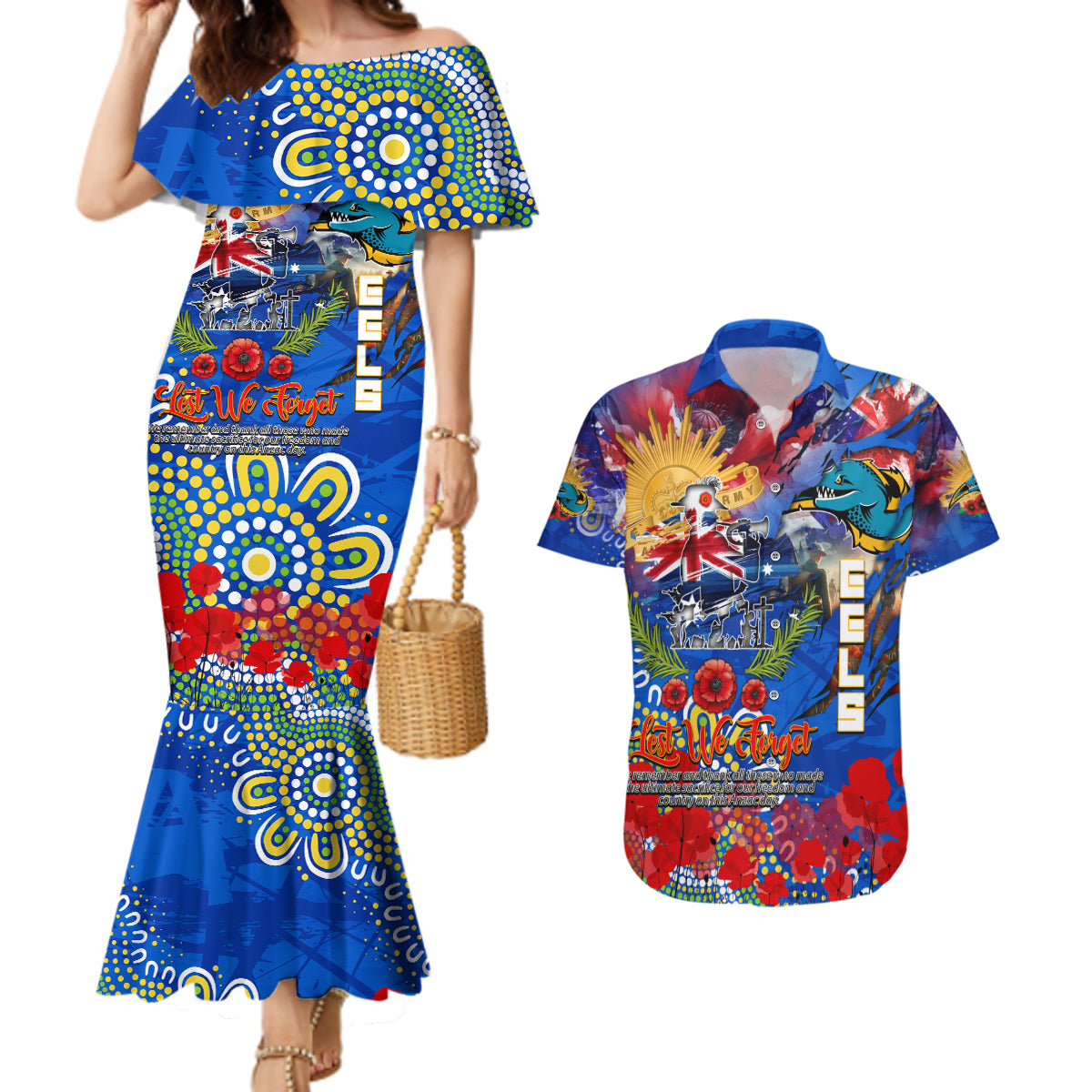 Personalised Australia Rugby Eels ANZAC Couples Matching Mermaid Dress and Hawaiian Shirt Parramatta Scratch Style