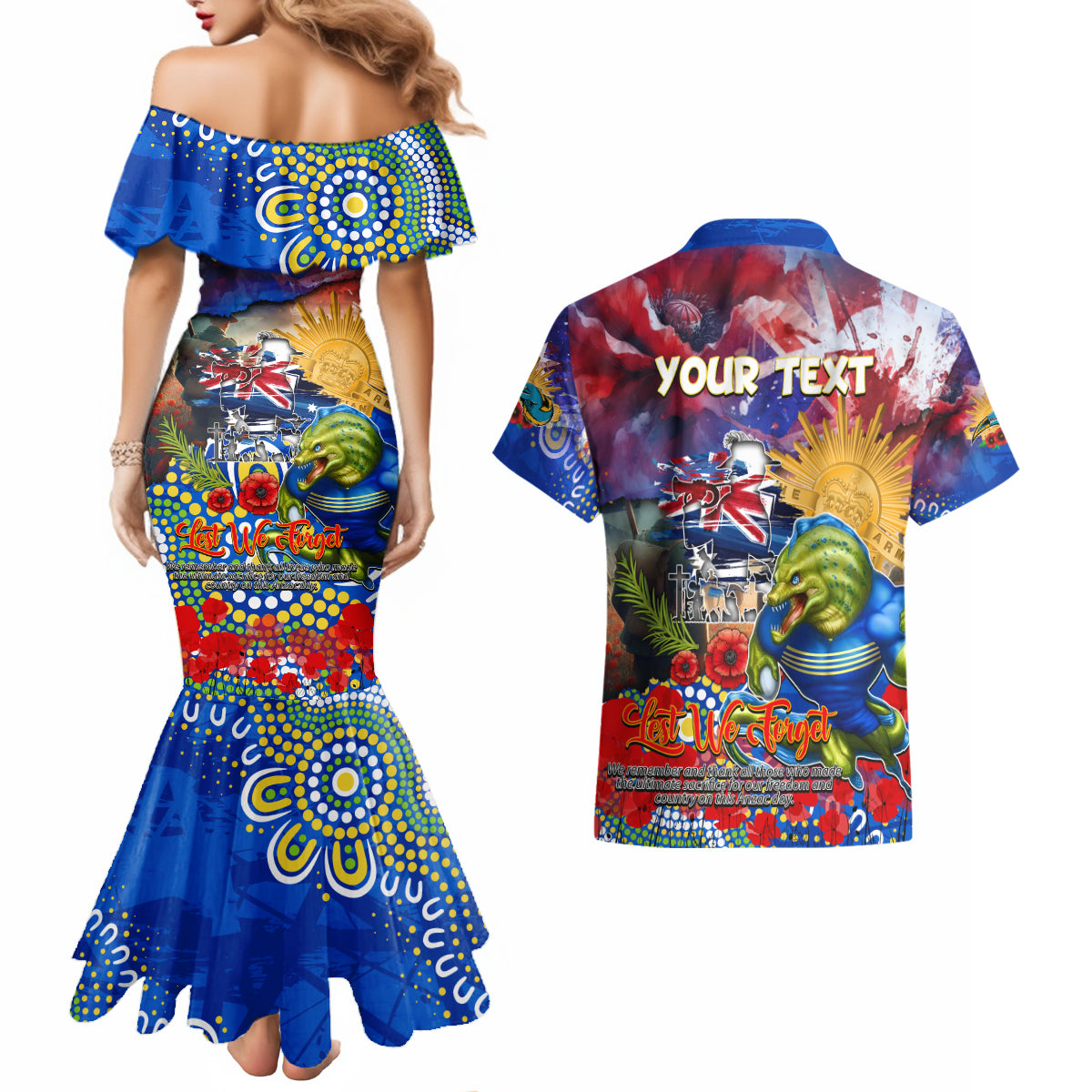 Personalised Australia Rugby Eels ANZAC Couples Matching Mermaid Dress and Hawaiian Shirt Parramatta Scratch Style