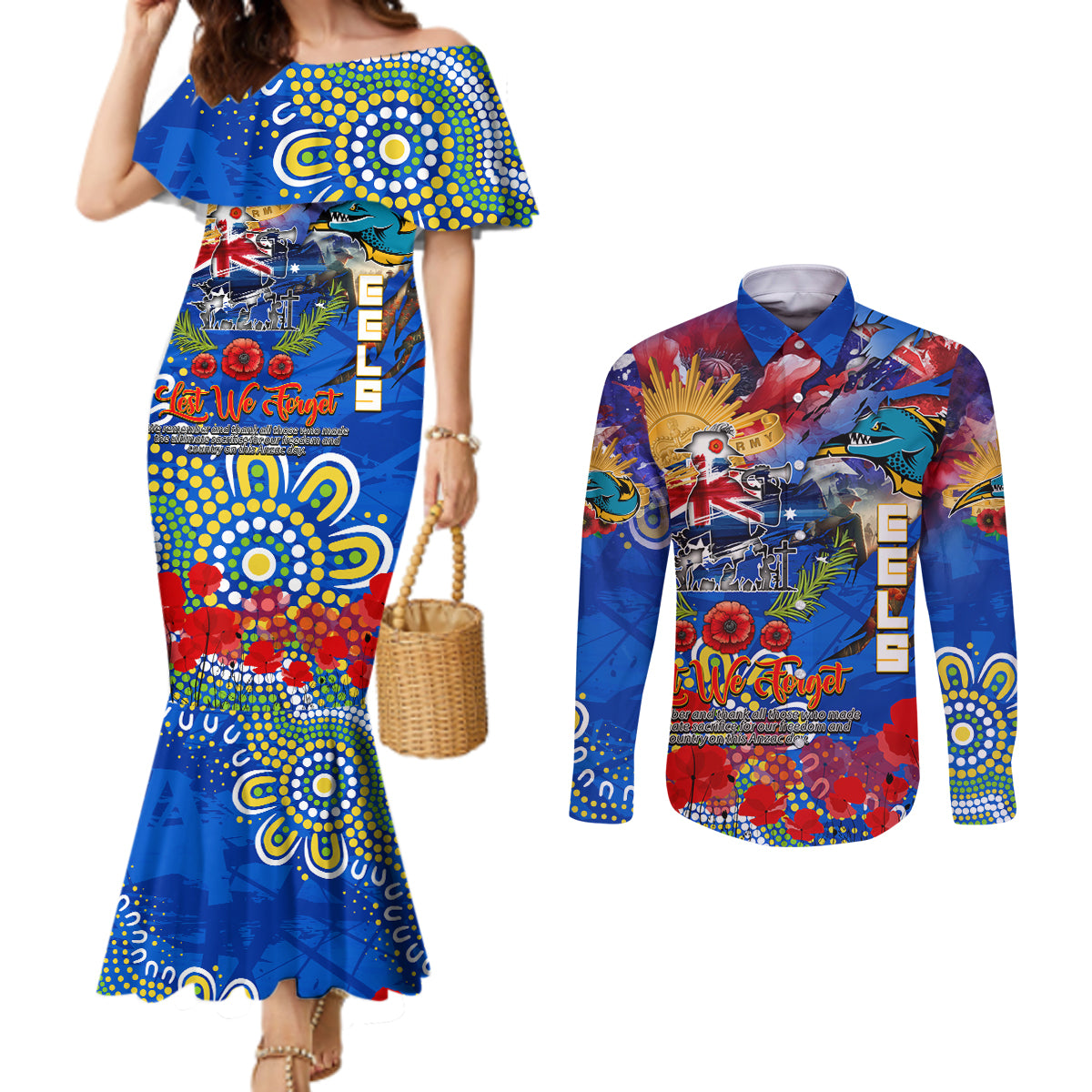Personalised Australia Rugby Eels ANZAC Couples Matching Mermaid Dress and Long Sleeve Button Shirt Parramatta Scratch Style