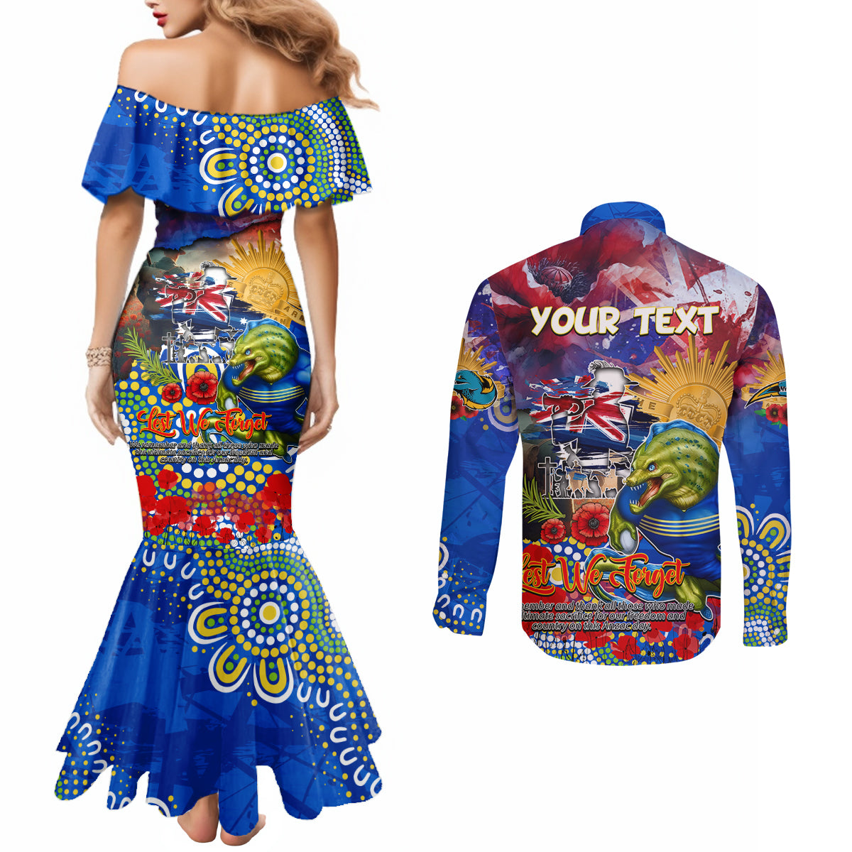 Personalised Australia Rugby Eels ANZAC Couples Matching Mermaid Dress and Long Sleeve Button Shirt Parramatta Scratch Style