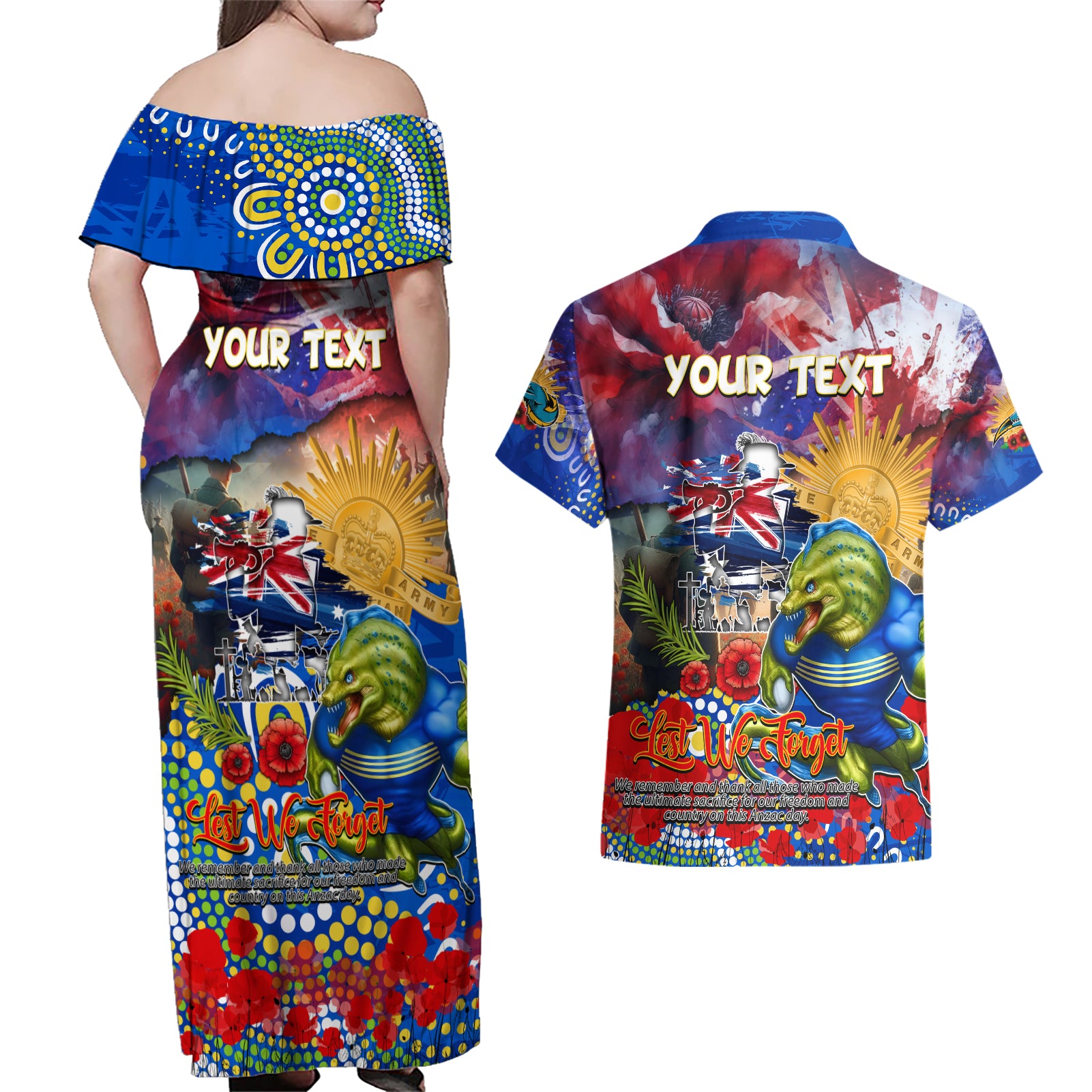 Personalised Australia Rugby Eels ANZAC Couples Matching Off Shoulder Maxi Dress and Hawaiian Shirt Parramatta Scratch Style