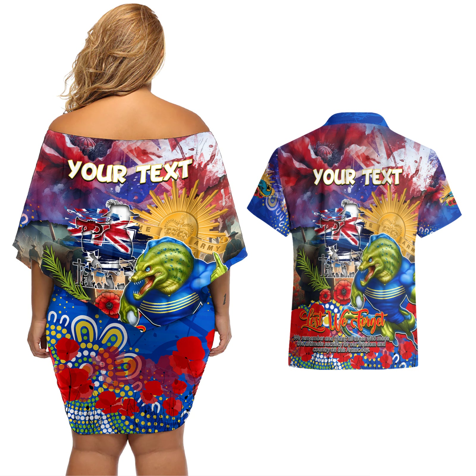 Personalised Australia Rugby Eels ANZAC Couples Matching Off Shoulder Short Dress and Hawaiian Shirt Parramatta Scratch Style