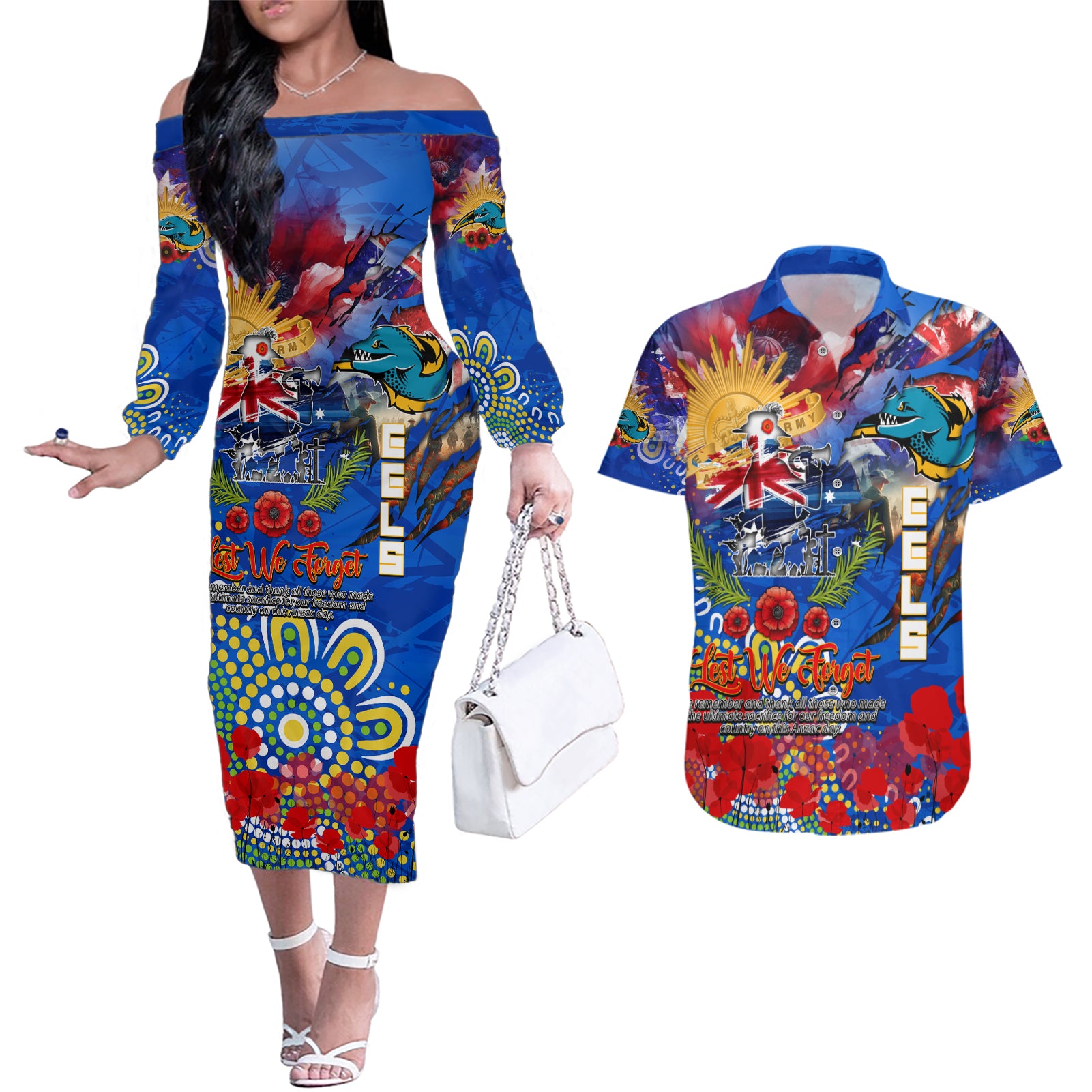 Personalised Australia Rugby Eels ANZAC Couples Matching Off The Shoulder Long Sleeve Dress and Hawaiian Shirt Parramatta Scratch Style