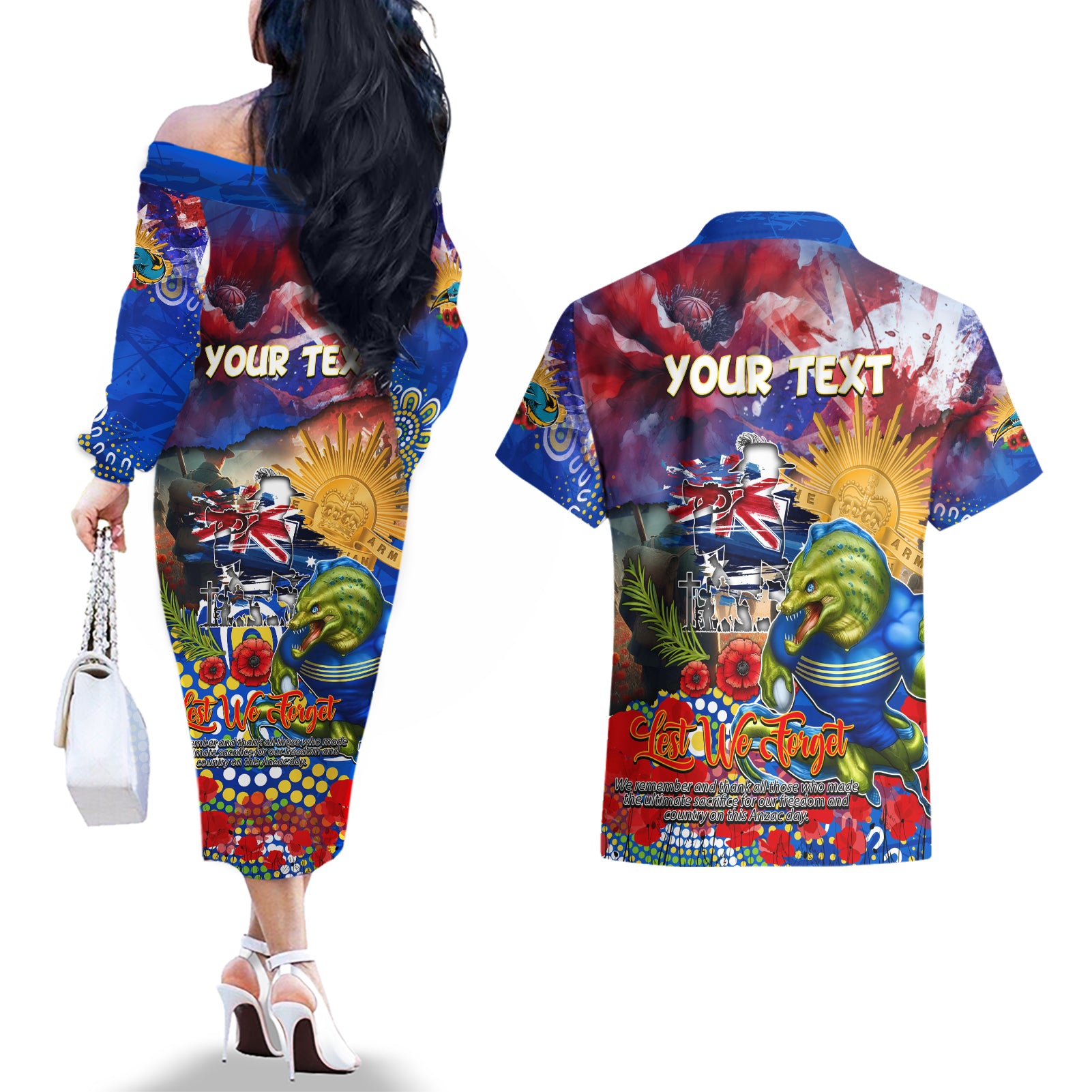 Personalised Australia Rugby Eels ANZAC Couples Matching Off The Shoulder Long Sleeve Dress and Hawaiian Shirt Parramatta Scratch Style