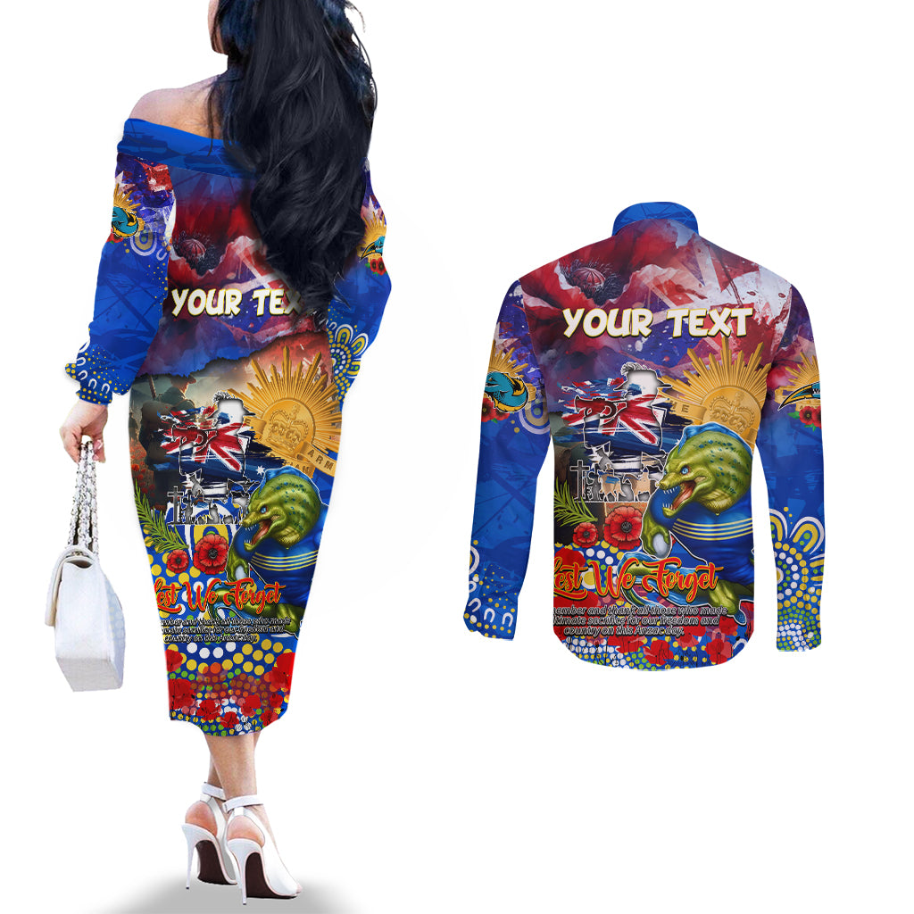 Personalised Australia Rugby Eels ANZAC Couples Matching Off The Shoulder Long Sleeve Dress and Long Sleeve Button Shirt Parramatta Scratch Style