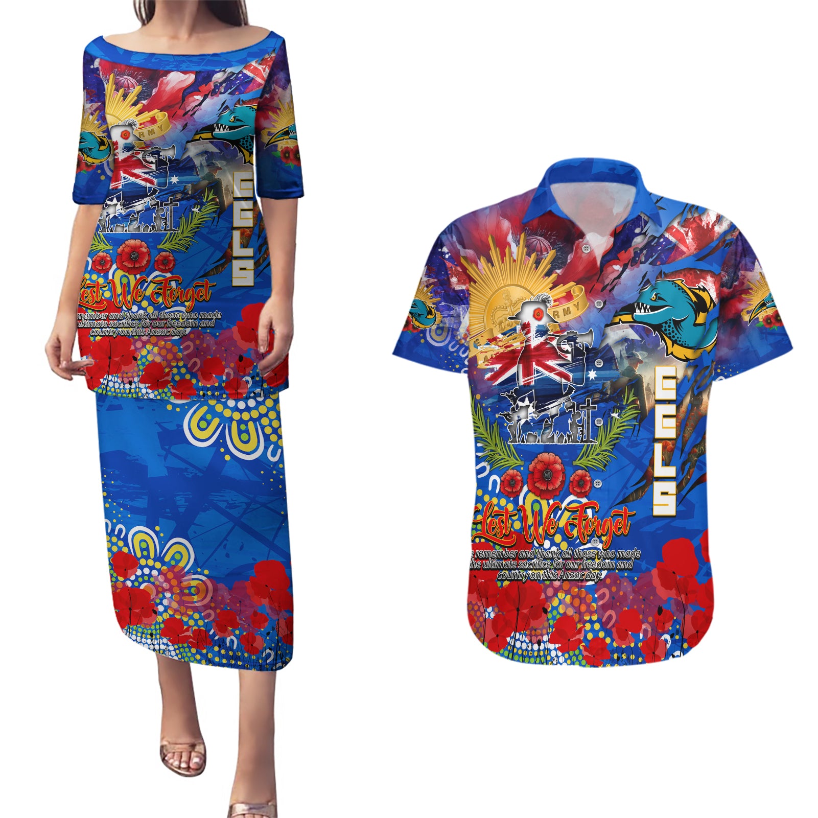Personalised Australia Rugby Eels ANZAC Couples Matching Puletasi and Hawaiian Shirt Parramatta Scratch Style
