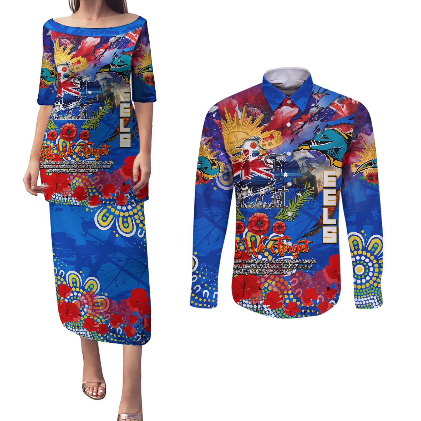 Personalised Australia Rugby Eels ANZAC Couples Matching Puletasi and Long Sleeve Button Shirt Parramatta Scratch Style