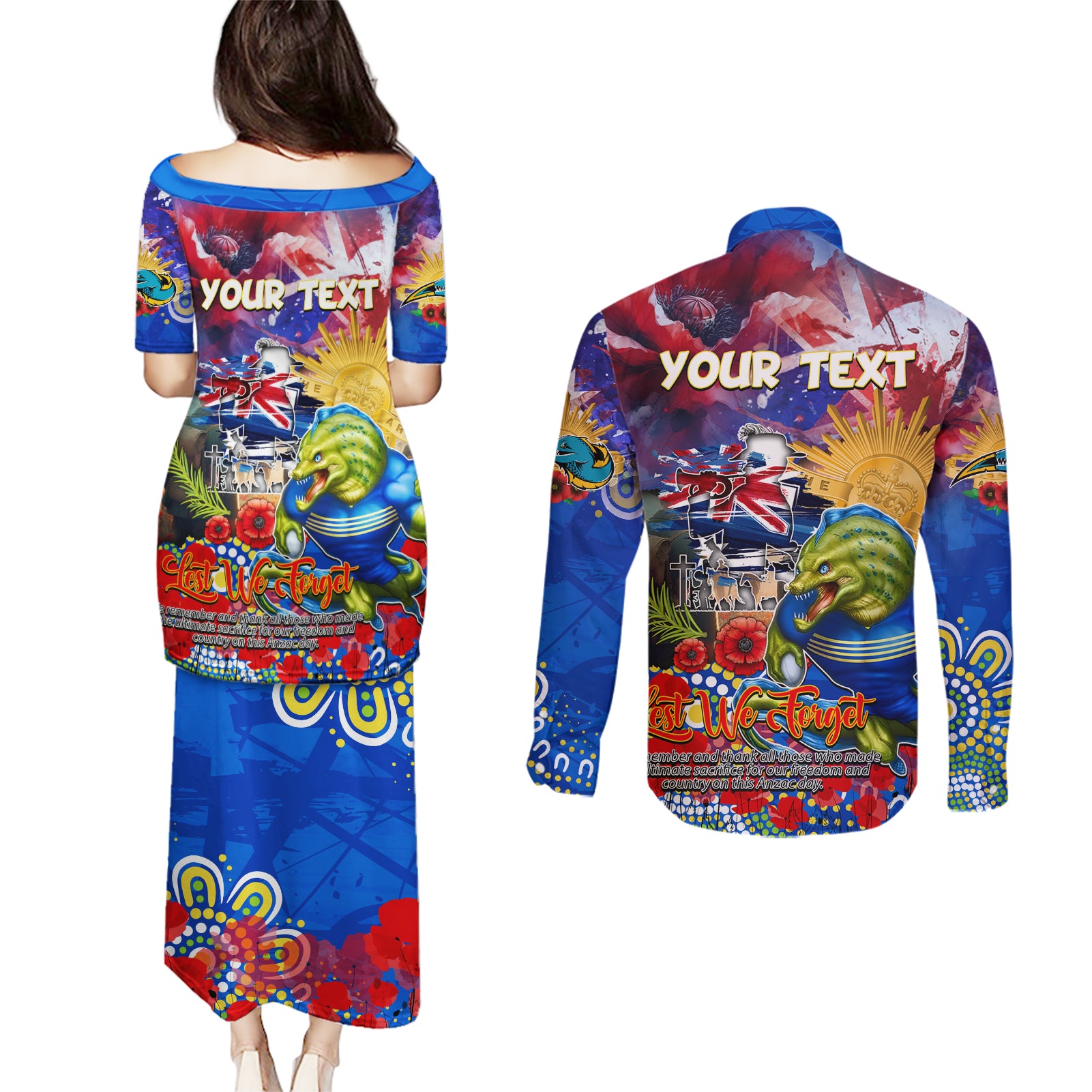 Personalised Australia Rugby Eels ANZAC Couples Matching Puletasi and Long Sleeve Button Shirt Parramatta Scratch Style