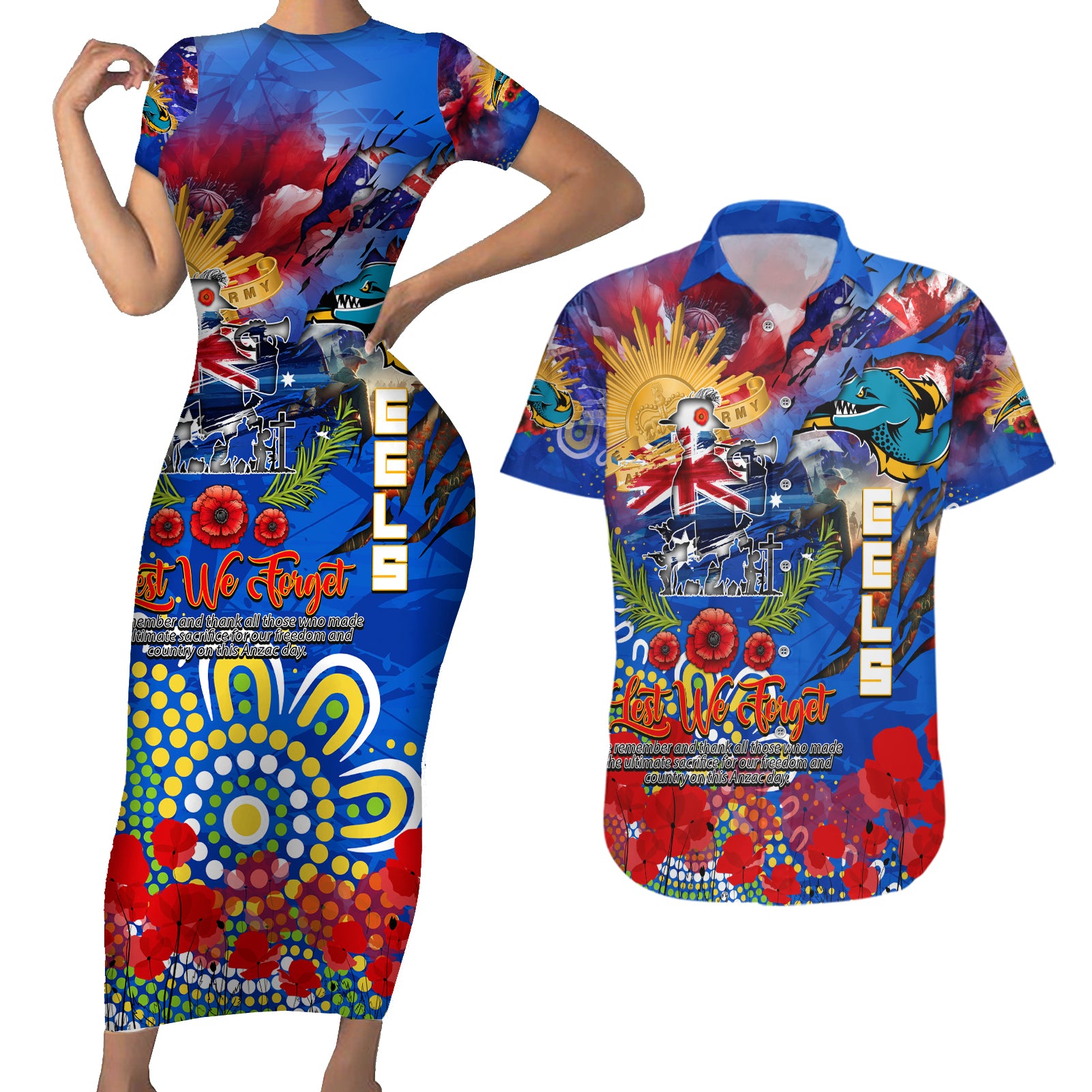 Personalised Australia Rugby Eels ANZAC Couples Matching Short Sleeve Bodycon Dress and Hawaiian Shirt Parramatta Scratch Style