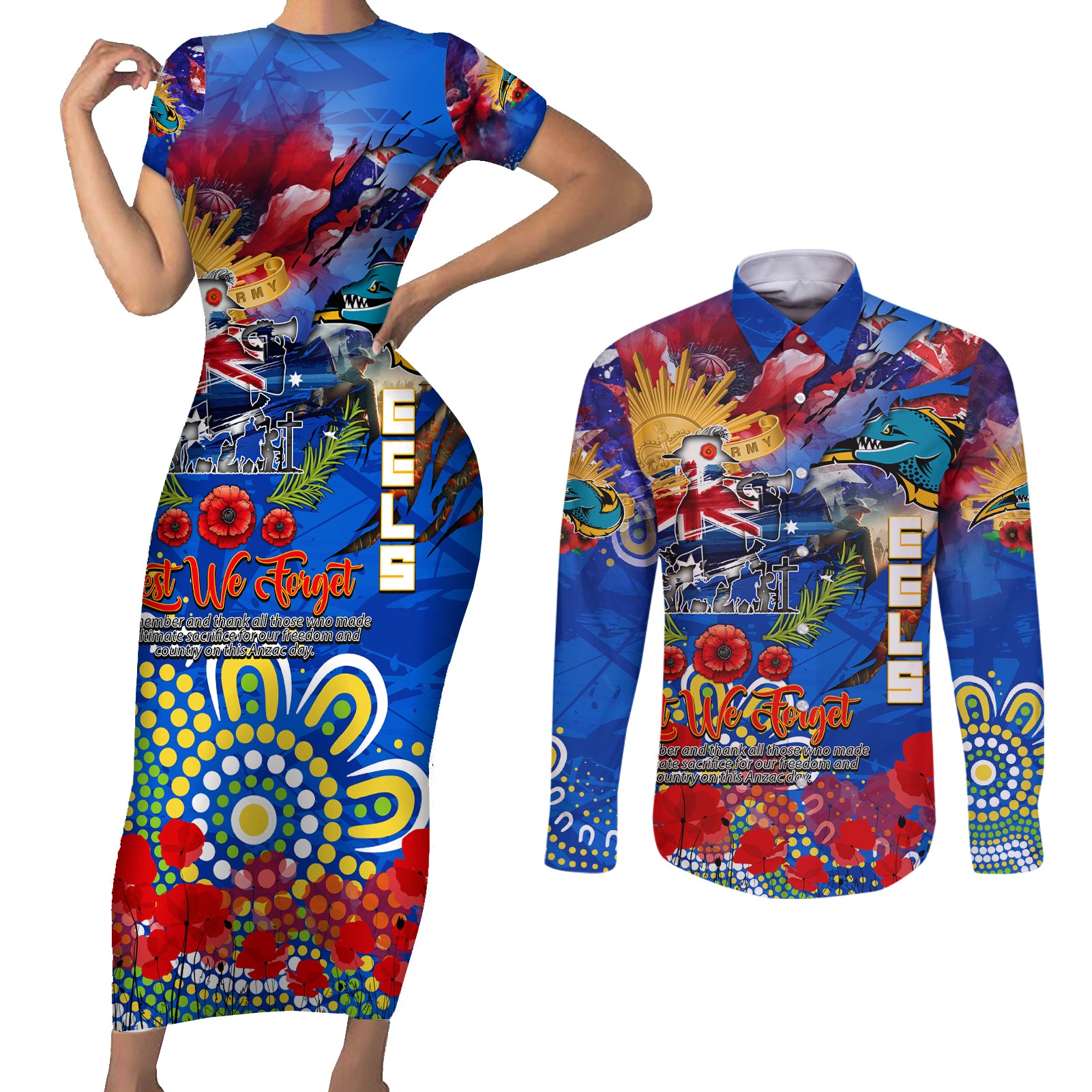 Personalised Australia Rugby Eels ANZAC Couples Matching Short Sleeve Bodycon Dress and Long Sleeve Button Shirt Parramatta Scratch Style