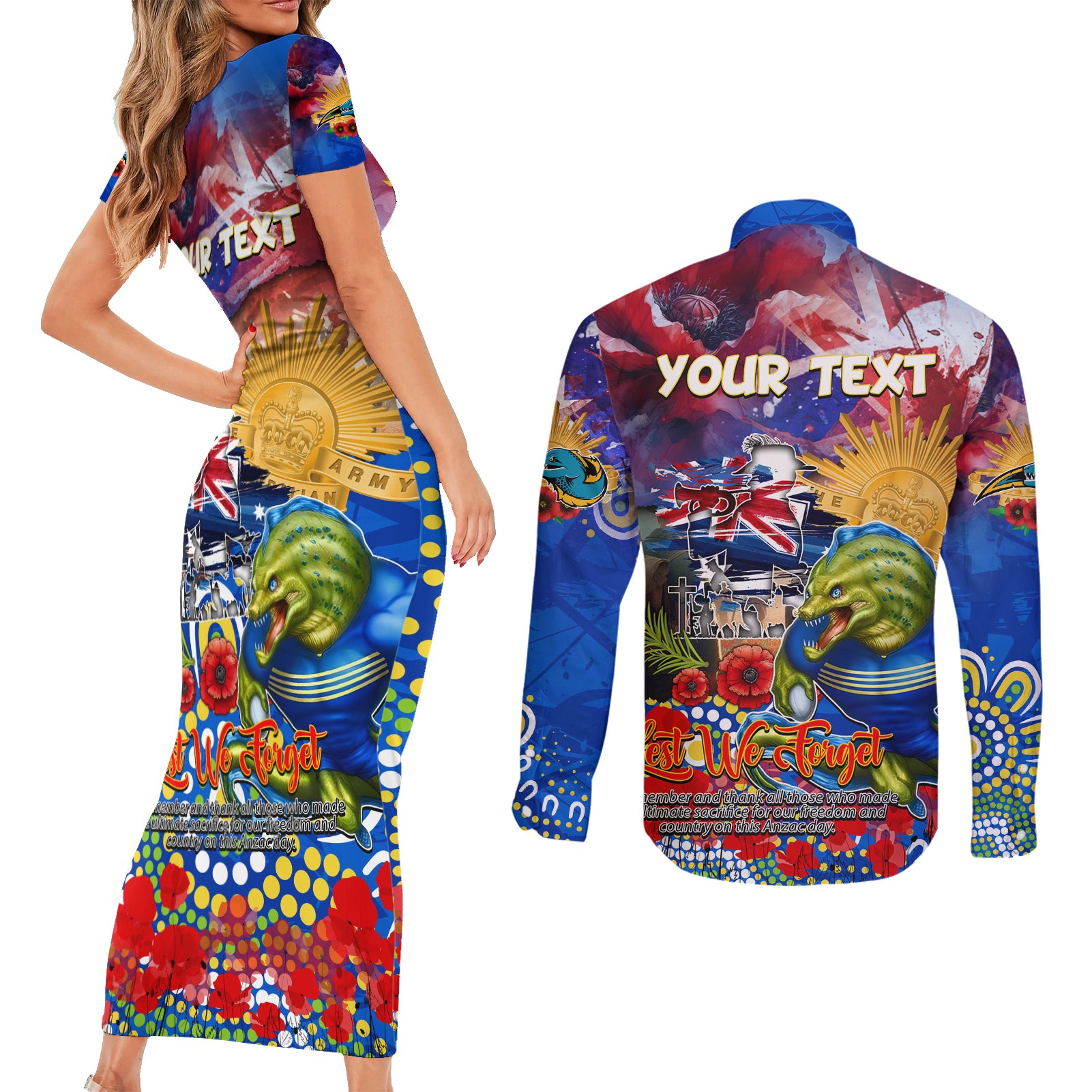 Personalised Australia Rugby Eels ANZAC Couples Matching Short Sleeve Bodycon Dress and Long Sleeve Button Shirt Parramatta Scratch Style