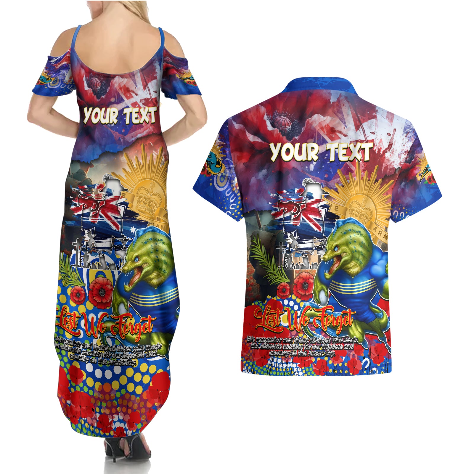Personalised Australia Rugby Eels ANZAC Couples Matching Summer Maxi Dress and Hawaiian Shirt Parramatta Scratch Style