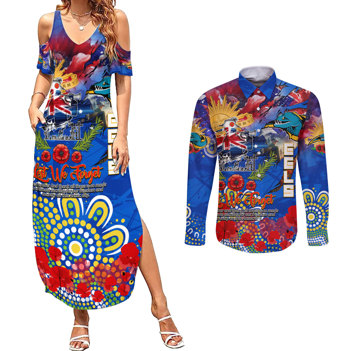 Personalised Australia Rugby Eels ANZAC Couples Matching Summer Maxi Dress and Long Sleeve Button Shirt Parramatta Scratch Style