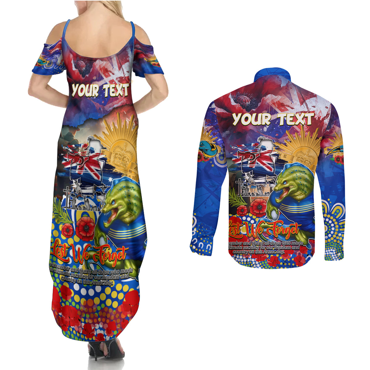 Personalised Australia Rugby Eels ANZAC Couples Matching Summer Maxi Dress and Long Sleeve Button Shirt Parramatta Scratch Style