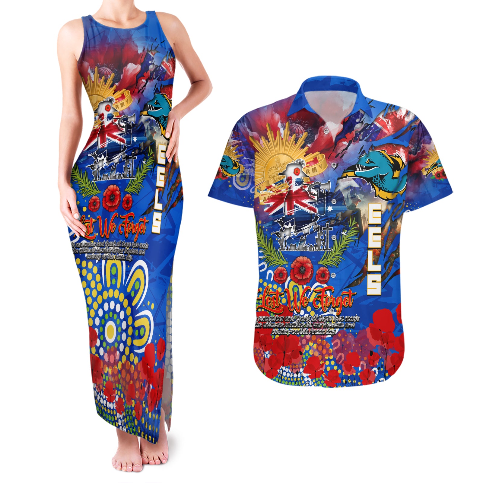 Personalised Australia Rugby Eels ANZAC Couples Matching Tank Maxi Dress and Hawaiian Shirt Parramatta Scratch Style