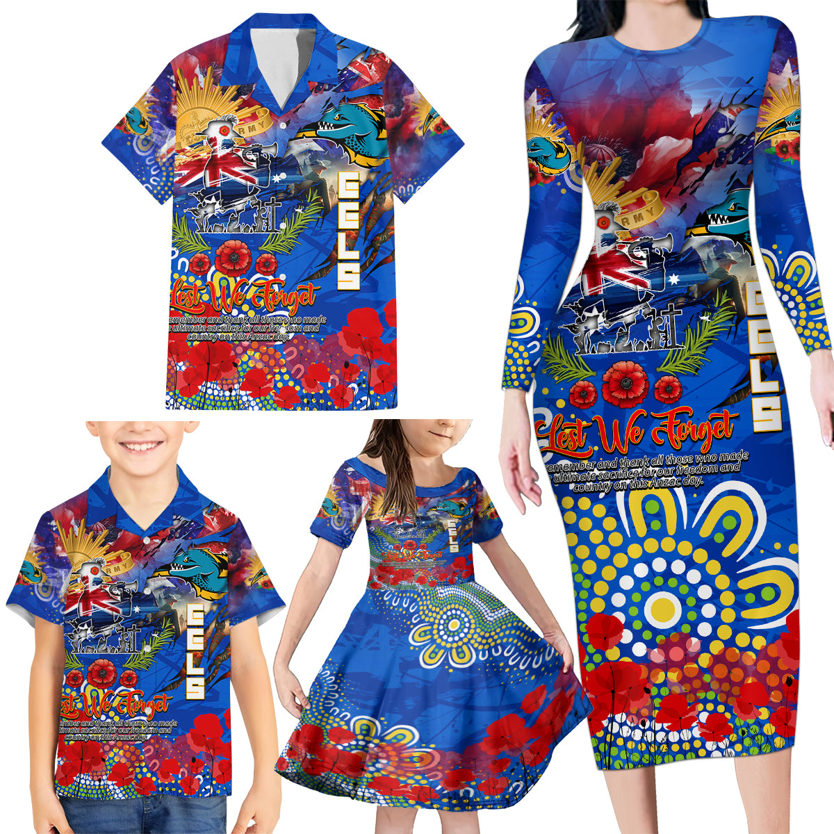 Personalised Australia Rugby Eels ANZAC Family Matching Long Sleeve Bodycon Dress and Hawaiian Shirt Parramatta Scratch Style