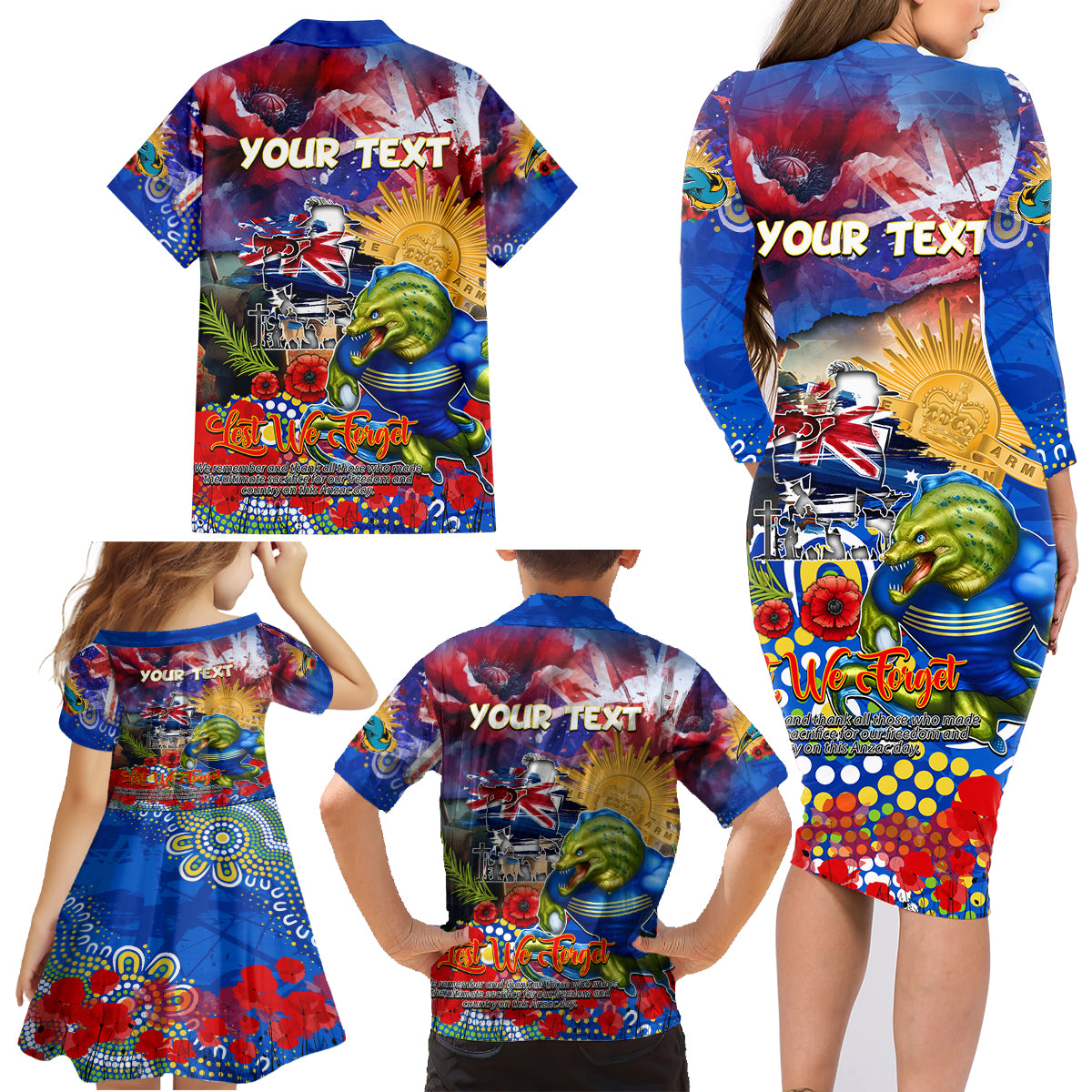 Personalised Australia Rugby Eels ANZAC Family Matching Long Sleeve Bodycon Dress and Hawaiian Shirt Parramatta Scratch Style