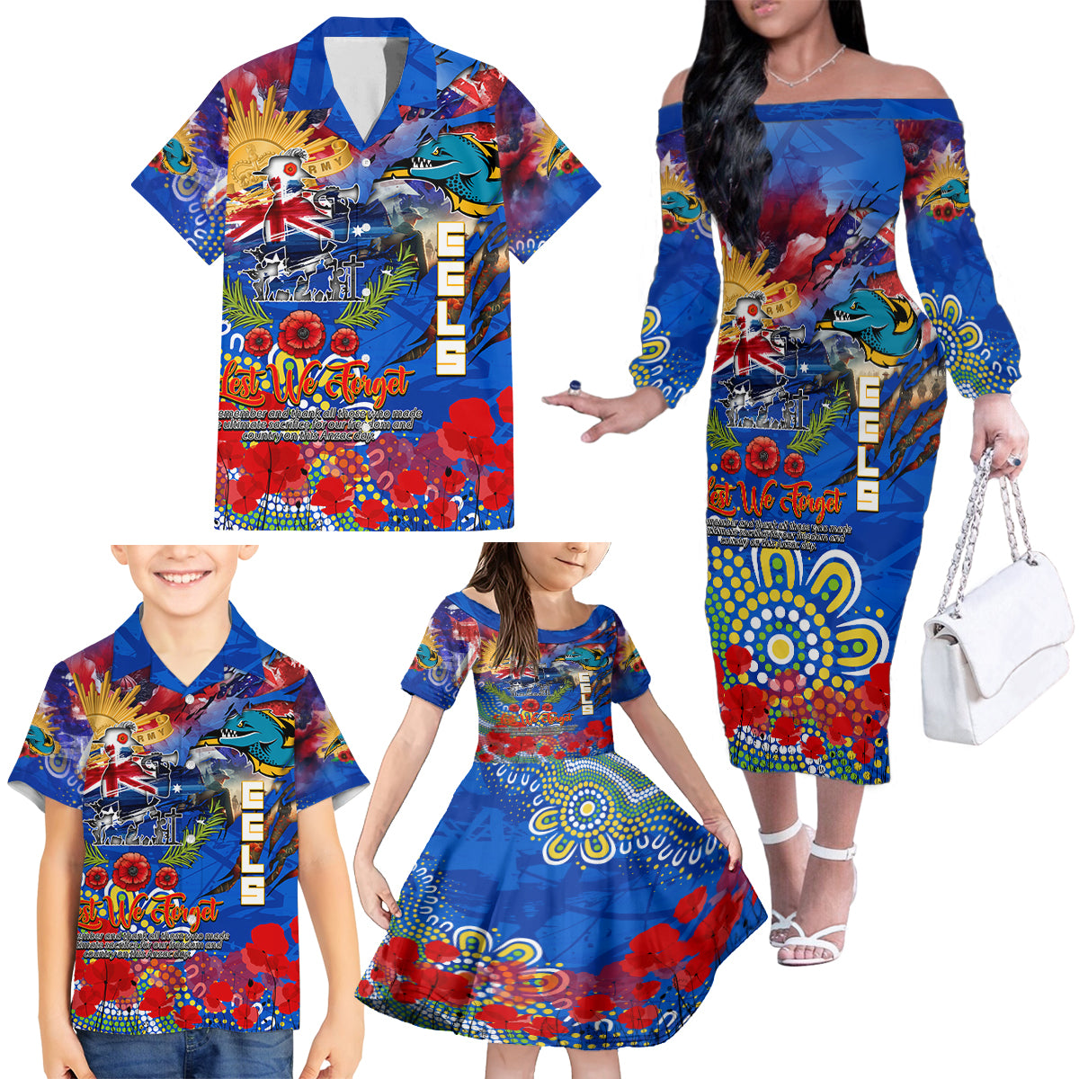 Personalised Australia Rugby Eels ANZAC Family Matching Off The Shoulder Long Sleeve Dress and Hawaiian Shirt Parramatta Scratch Style