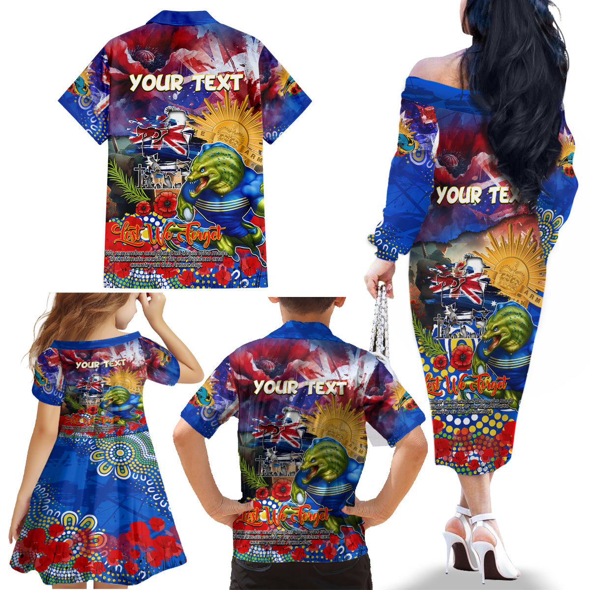 Personalised Australia Rugby Eels ANZAC Family Matching Off The Shoulder Long Sleeve Dress and Hawaiian Shirt Parramatta Scratch Style