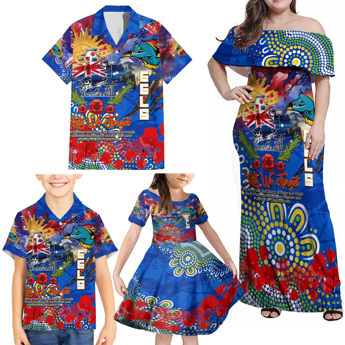 Personalised Australia Rugby Eels ANZAC Family Matching Off Shoulder Maxi Dress and Hawaiian Shirt Parramatta Scratch Style