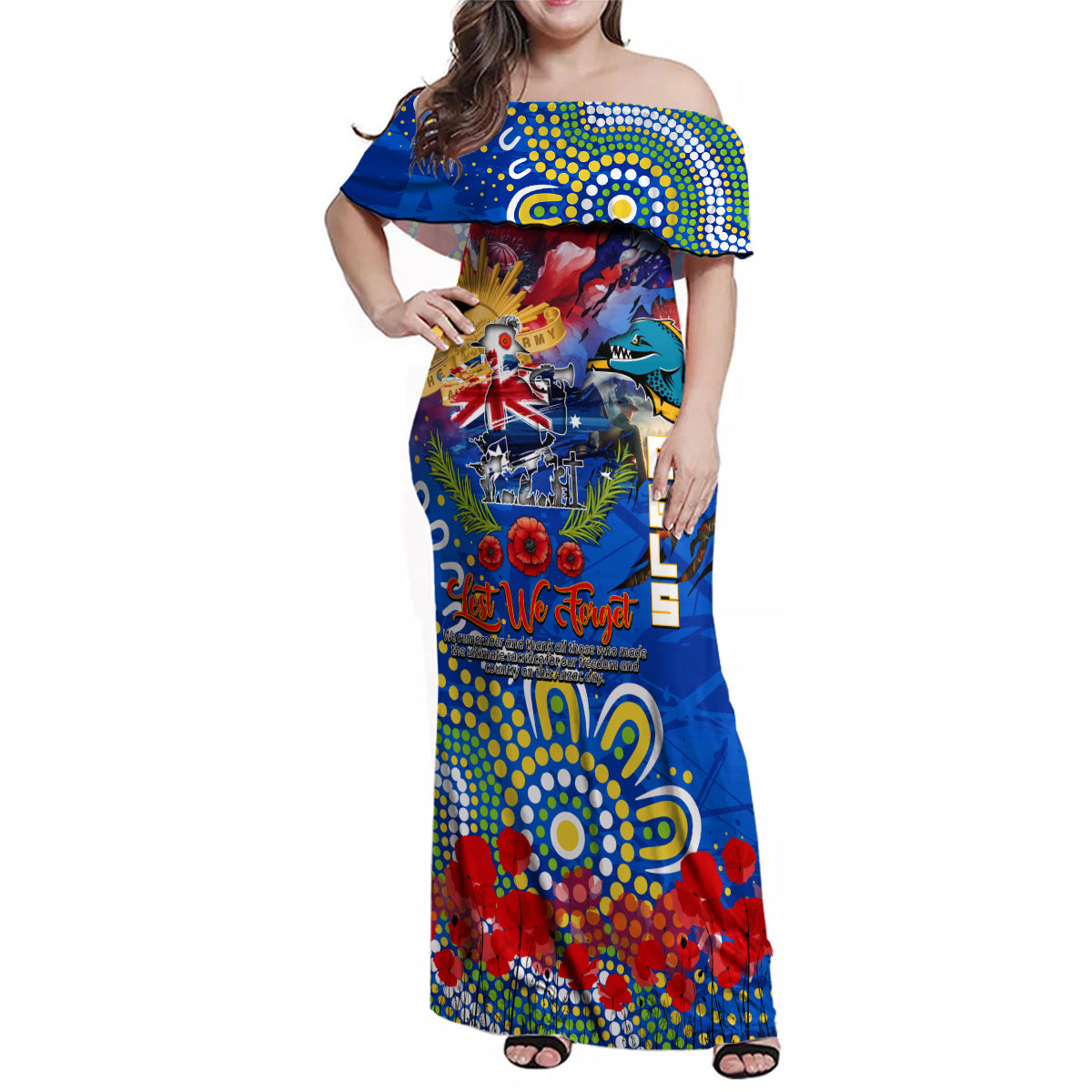 Personalised Australia Rugby Eels ANZAC Family Matching Off Shoulder Maxi Dress and Hawaiian Shirt Parramatta Scratch Style