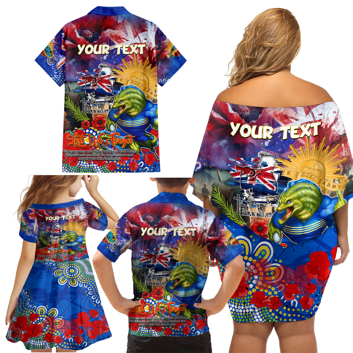 Personalised Australia Rugby Eels ANZAC Family Matching Off Shoulder Short Dress and Hawaiian Shirt Parramatta Scratch Style