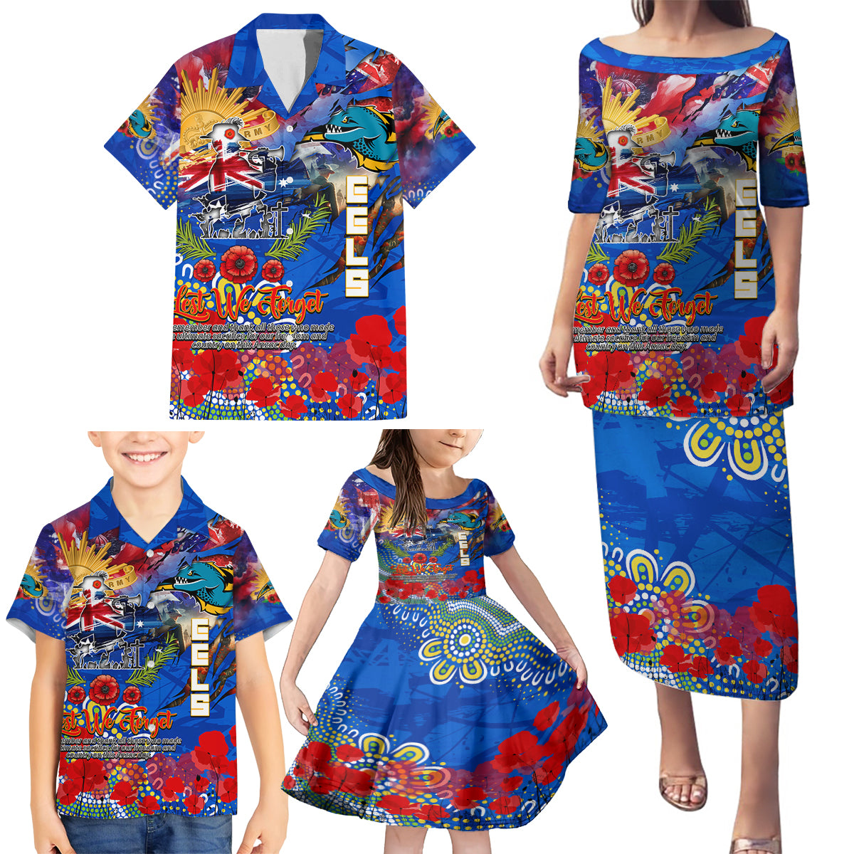Personalised Australia Rugby Eels ANZAC Family Matching Puletasi and Hawaiian Shirt Parramatta Scratch Style