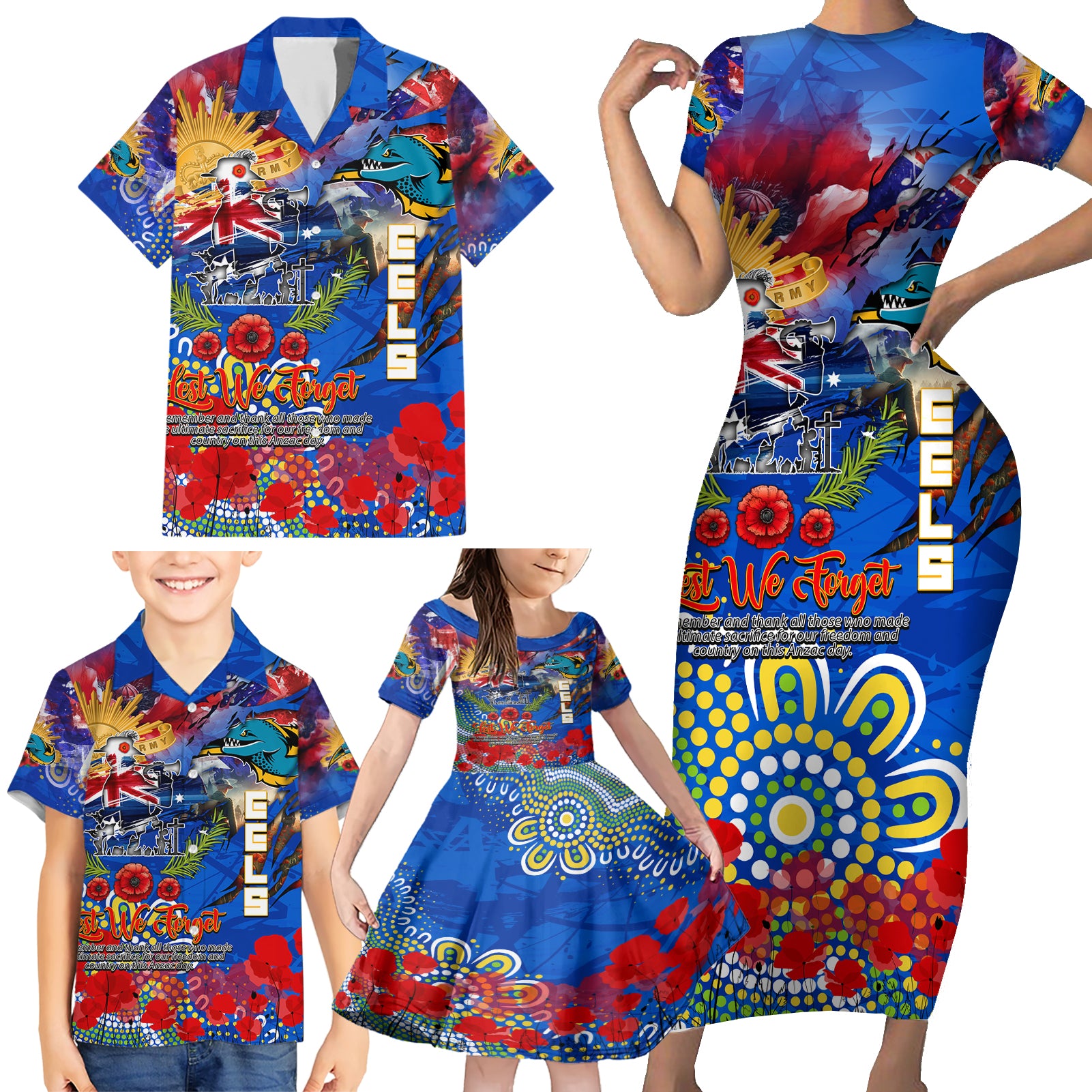 Personalised Australia Rugby Eels ANZAC Family Matching Short Sleeve Bodycon Dress and Hawaiian Shirt Parramatta Scratch Style