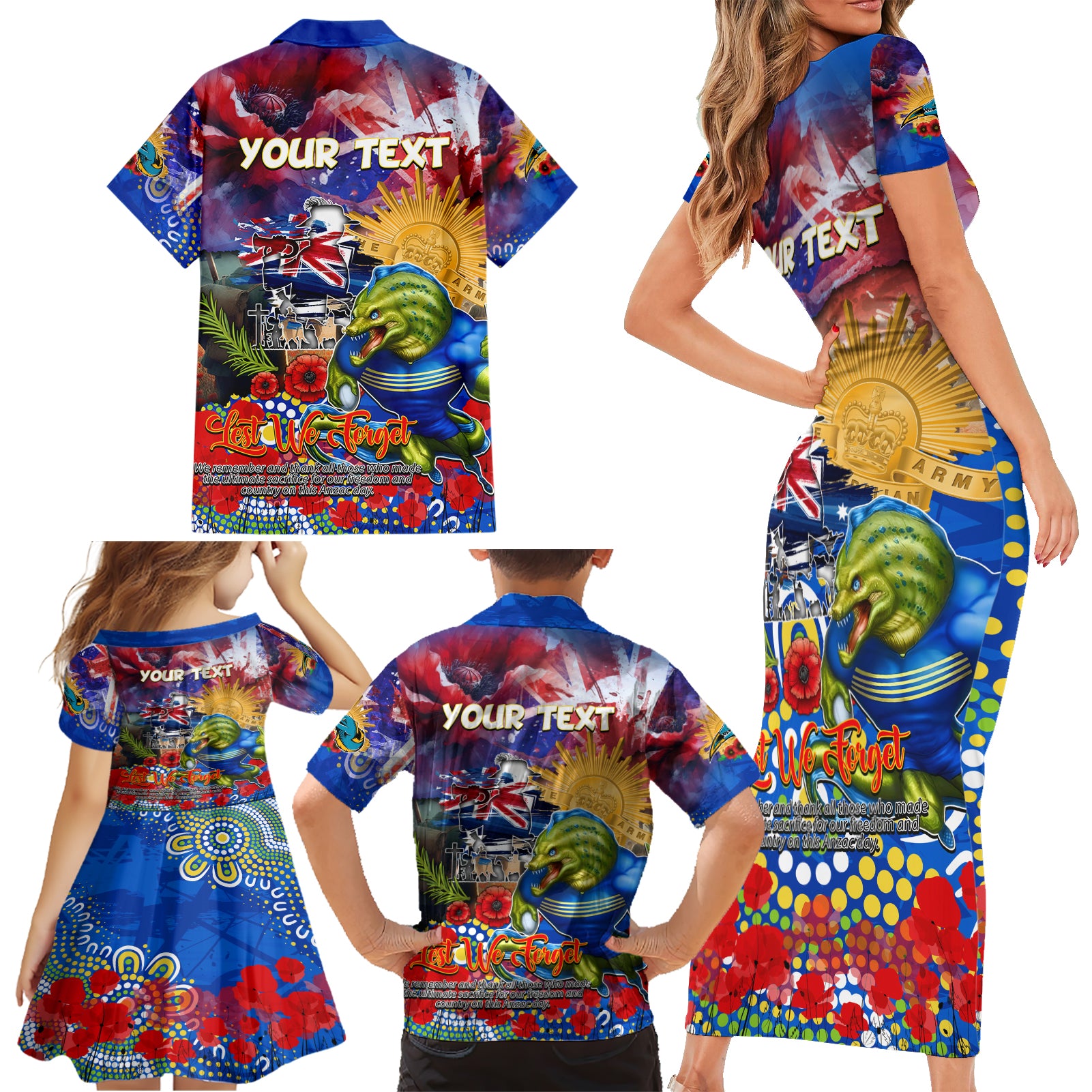 Personalised Australia Rugby Eels ANZAC Family Matching Short Sleeve Bodycon Dress and Hawaiian Shirt Parramatta Scratch Style