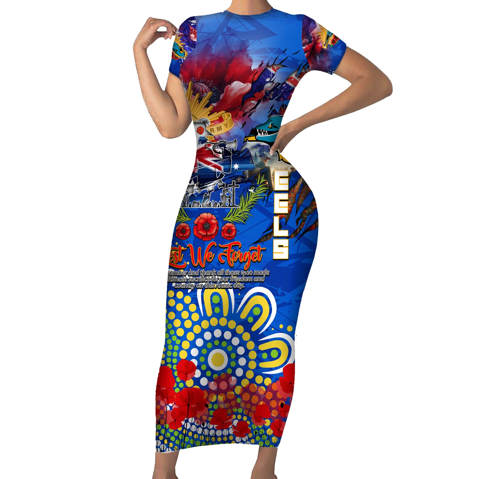 Personalised Australia Rugby Eels ANZAC Family Matching Short Sleeve Bodycon Dress and Hawaiian Shirt Parramatta Scratch Style
